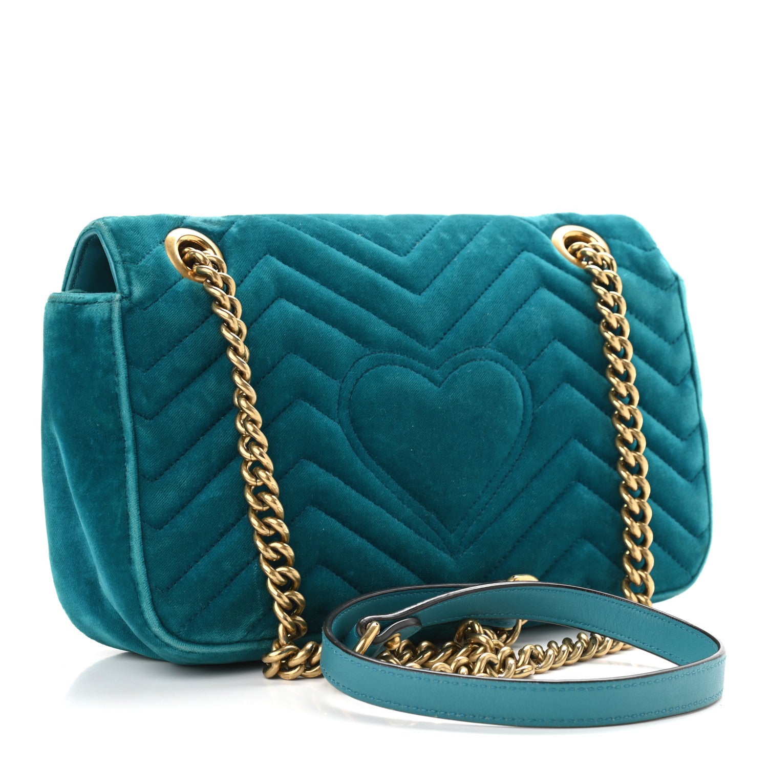 Gucci Velvet Matelasse Small GG Marmont Shoulder Bag Pavone Cyan 5 of 15