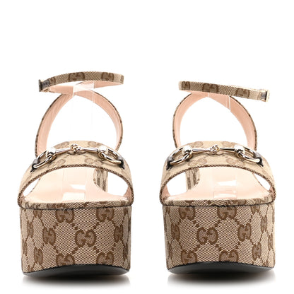 Gucci Monogram Nappa Chalotte Horsebit Ankle Strap 75mm Flatform Sandals 40.5 Beige Ebony 3 of 8
