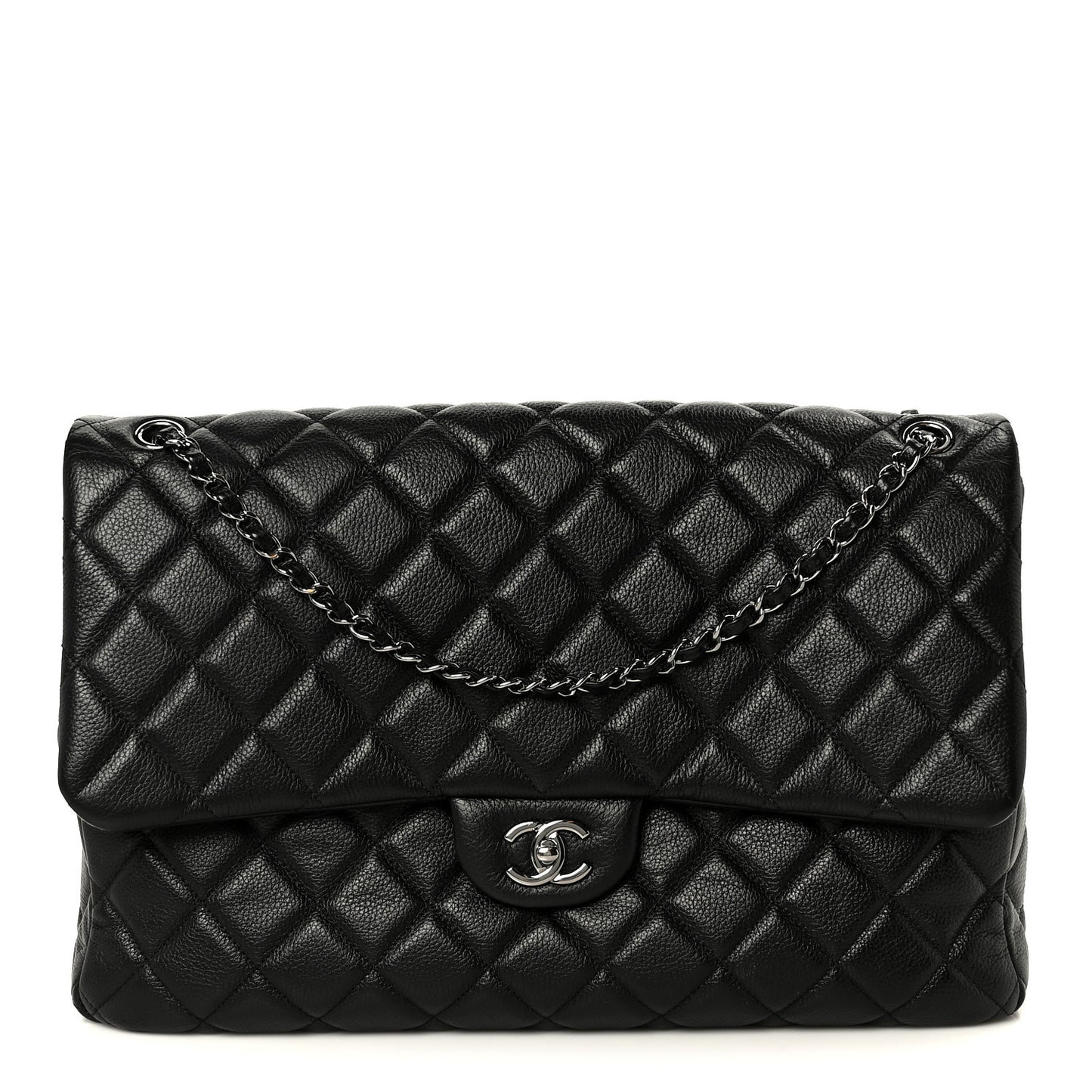 Calfskin Quilted XXL Travel Flap Bag Black