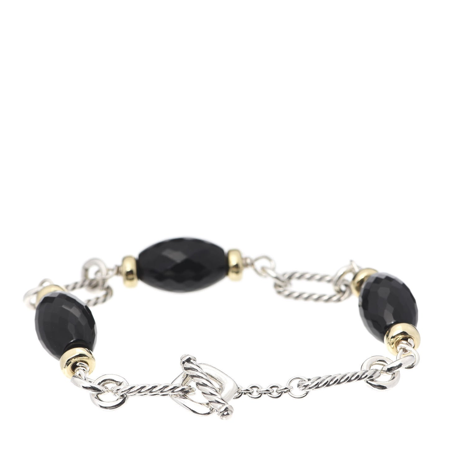 Sterling Silver 18K Yellow Gold Black Onyx Figaro Bracelet
