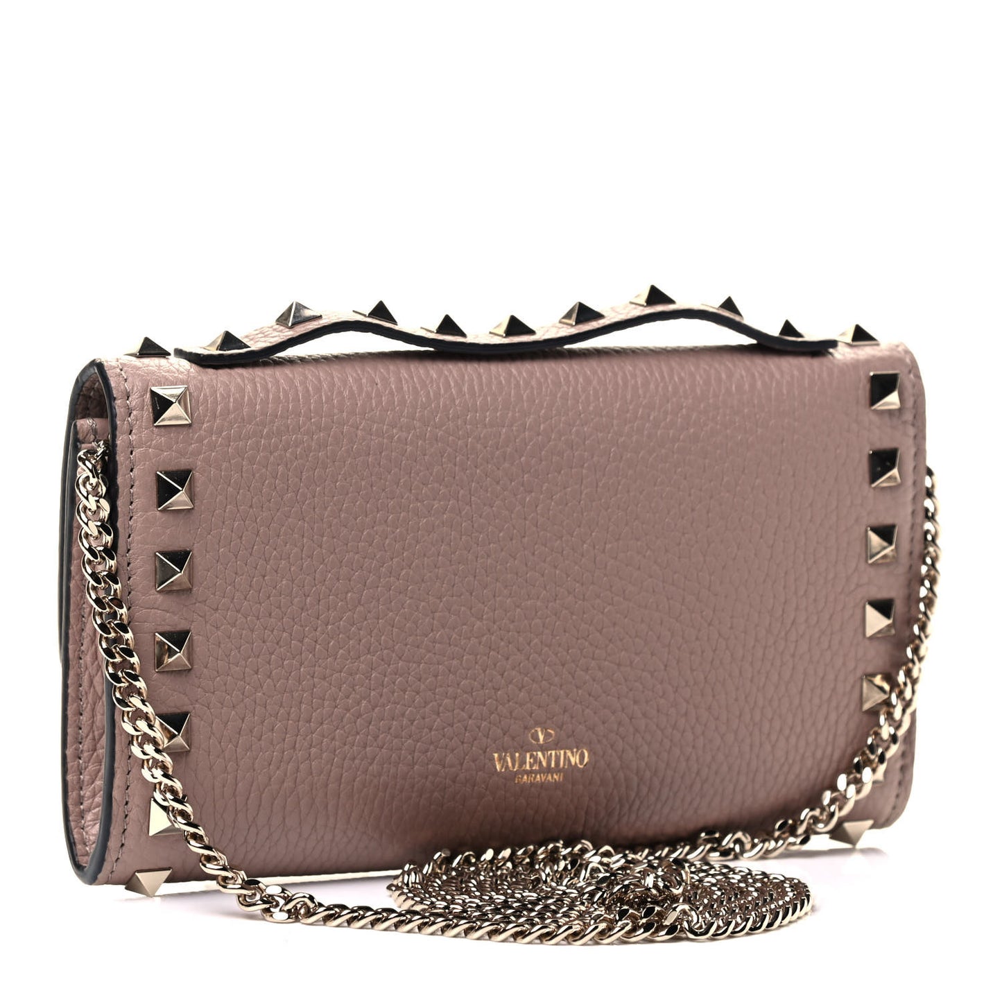 Pebbled Calfskin Rockstud Flip Lock Wallet On Chain Poudre