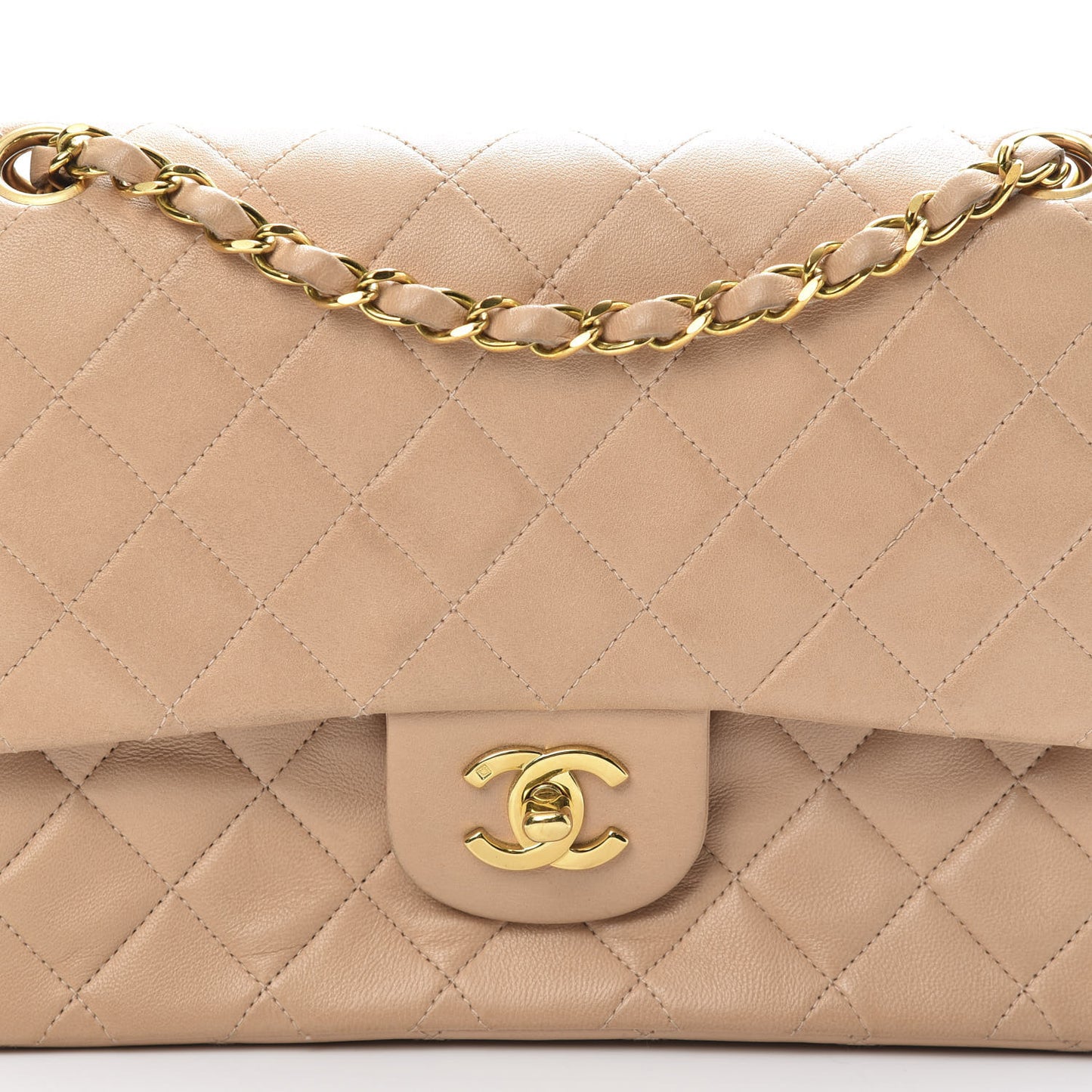 Lambskin Quilted Medium Double Flap Beige