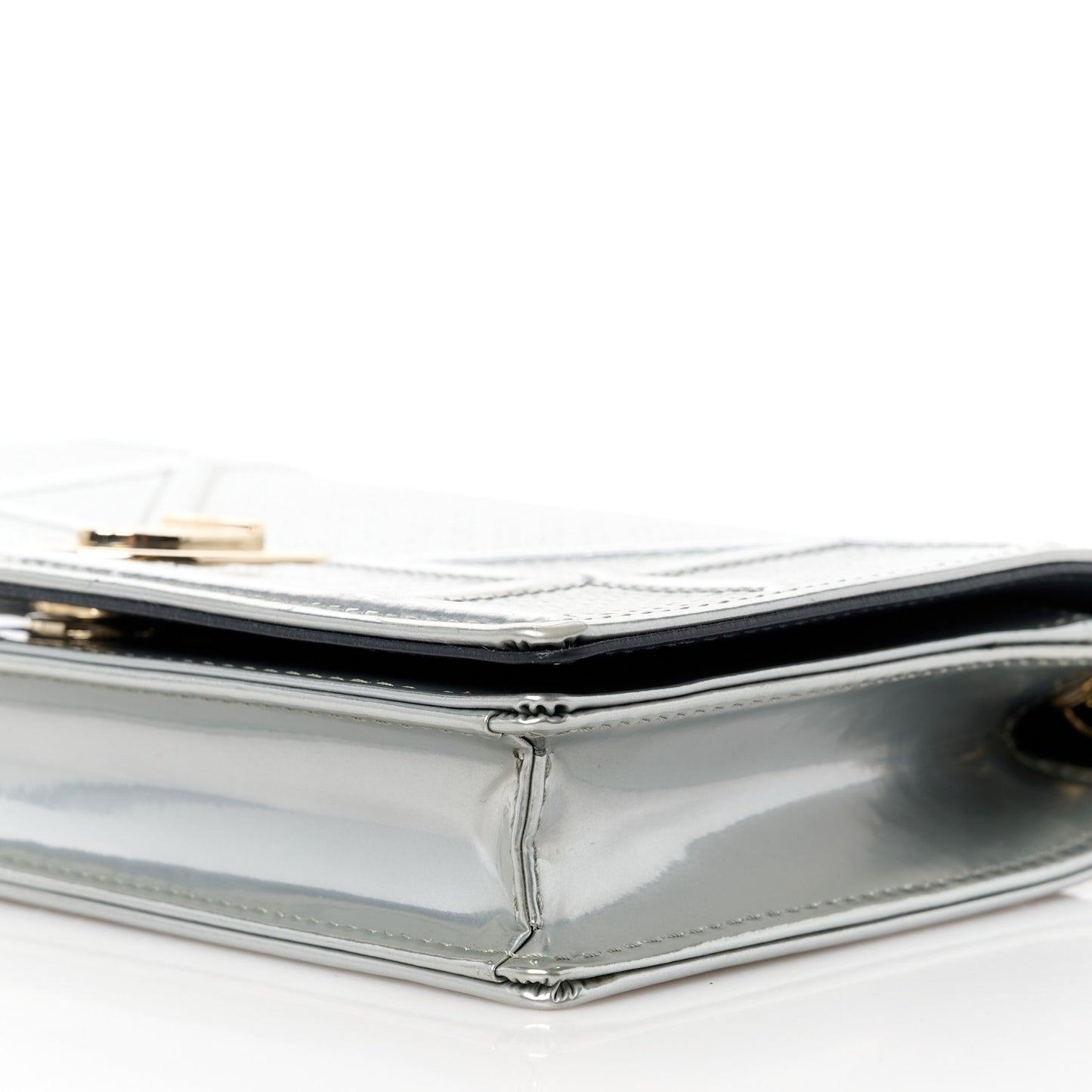 Metallic Patent Micro-Cannage Diorama Wallet on Chain Pouch Silver