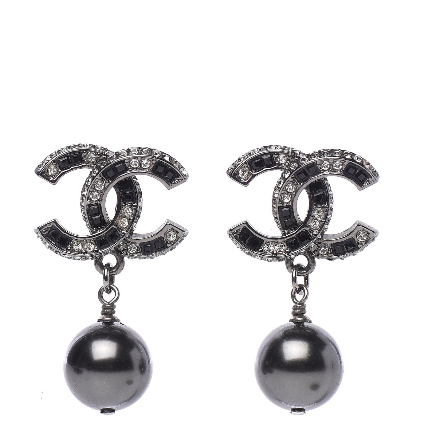 Baguette Crystal Pearl CC Drop Earrings Silver Black