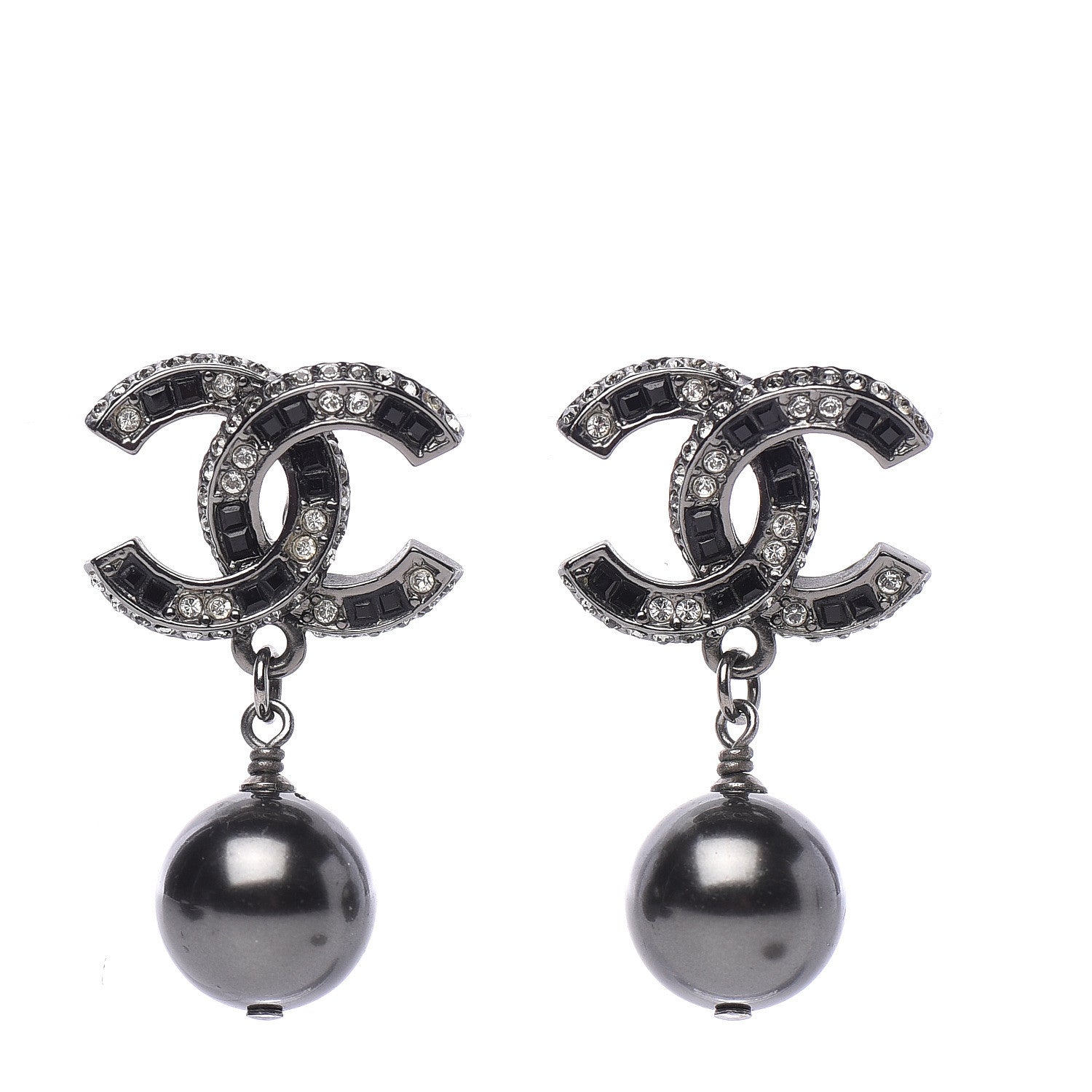 Chanel Baguette Crystal Pearl CC Drop Earrings Silver Black 1 of 5