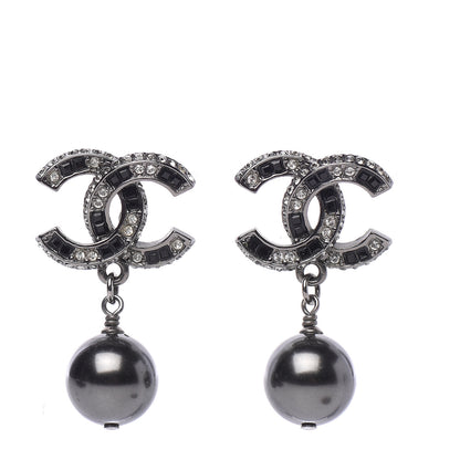 Chanel Baguette Crystal Pearl CC Drop Earrings Silver Black 1 of 5