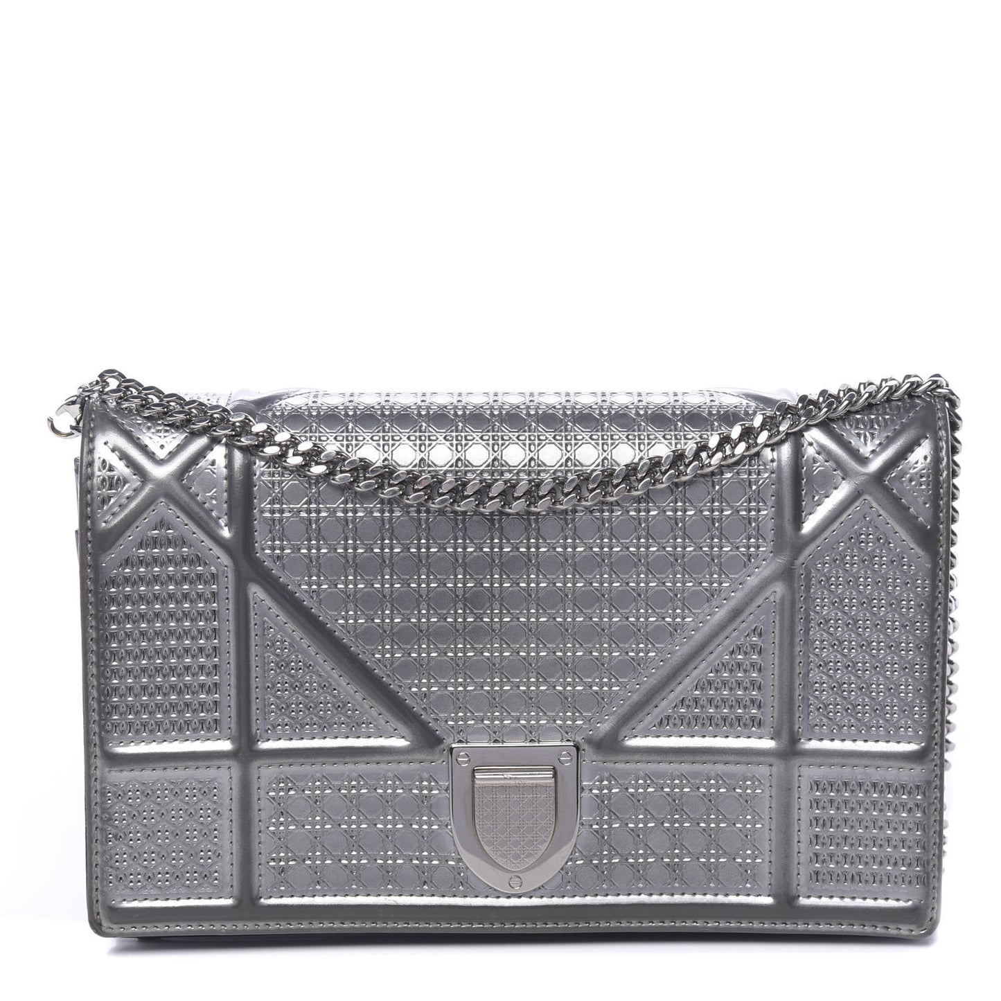 Metallic Patent Micro-Cannage Diorama Wallet on Chain Pouch Silver
