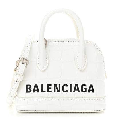 Balenciaga Calfskin Logo Crocodile Embossed Mini Ville Top Handle Bag White Black 1 of 10