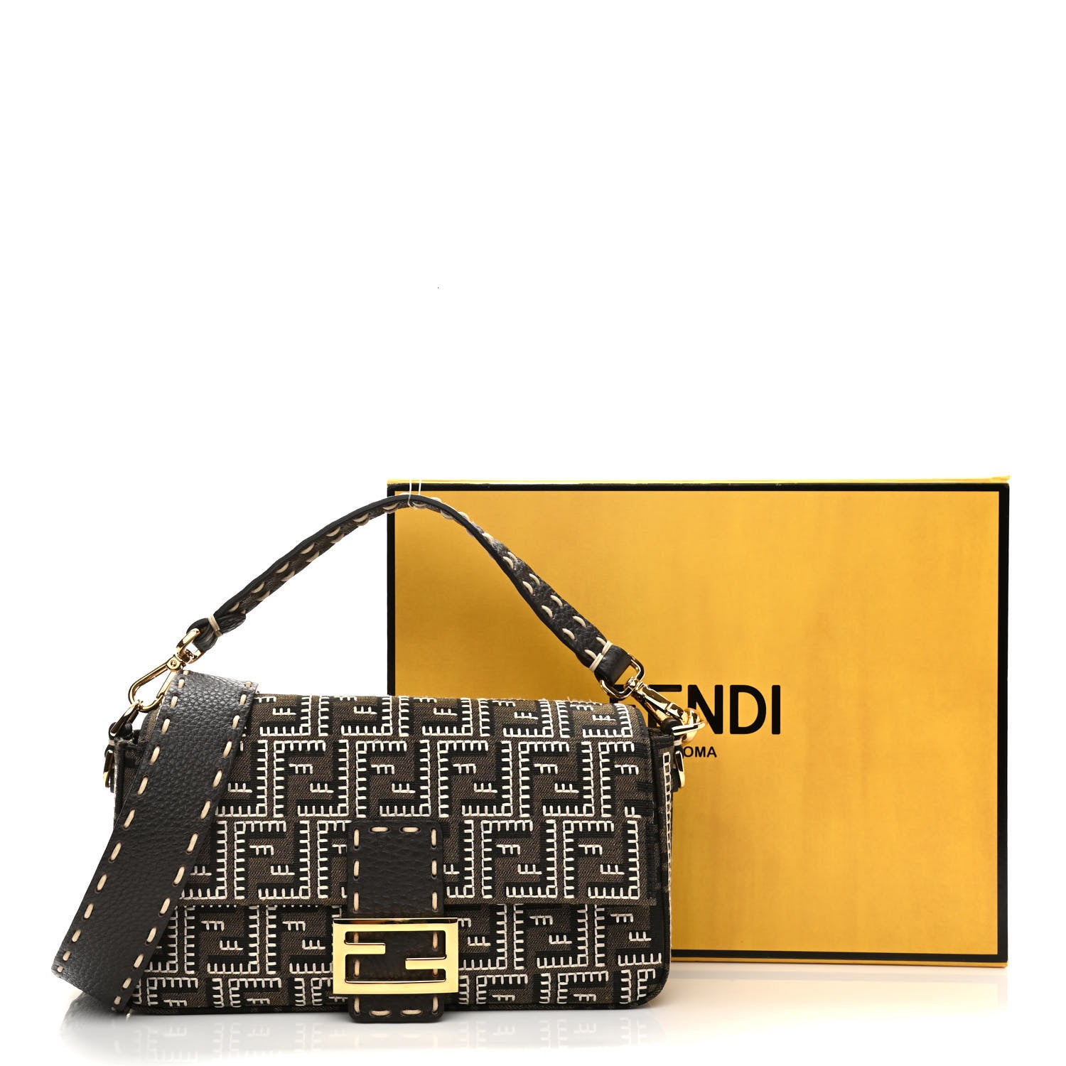 Fendi Fabric Jacquard Cuoio Romano FF 1974 Embroidered Baguette Tobacco Moro Ebano Multicolor 11 of 11
