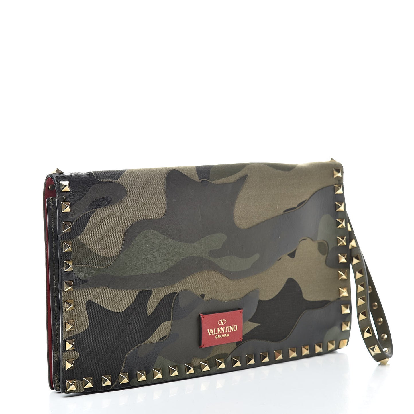 Nappa Canvas Camouflage Rockstud Wristlet Clutch Verde Rouge