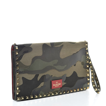 Valentino Garavani Nappa Canvas Camouflage Rockstud Wristlet Clutch Verde Rouge 3 of 12