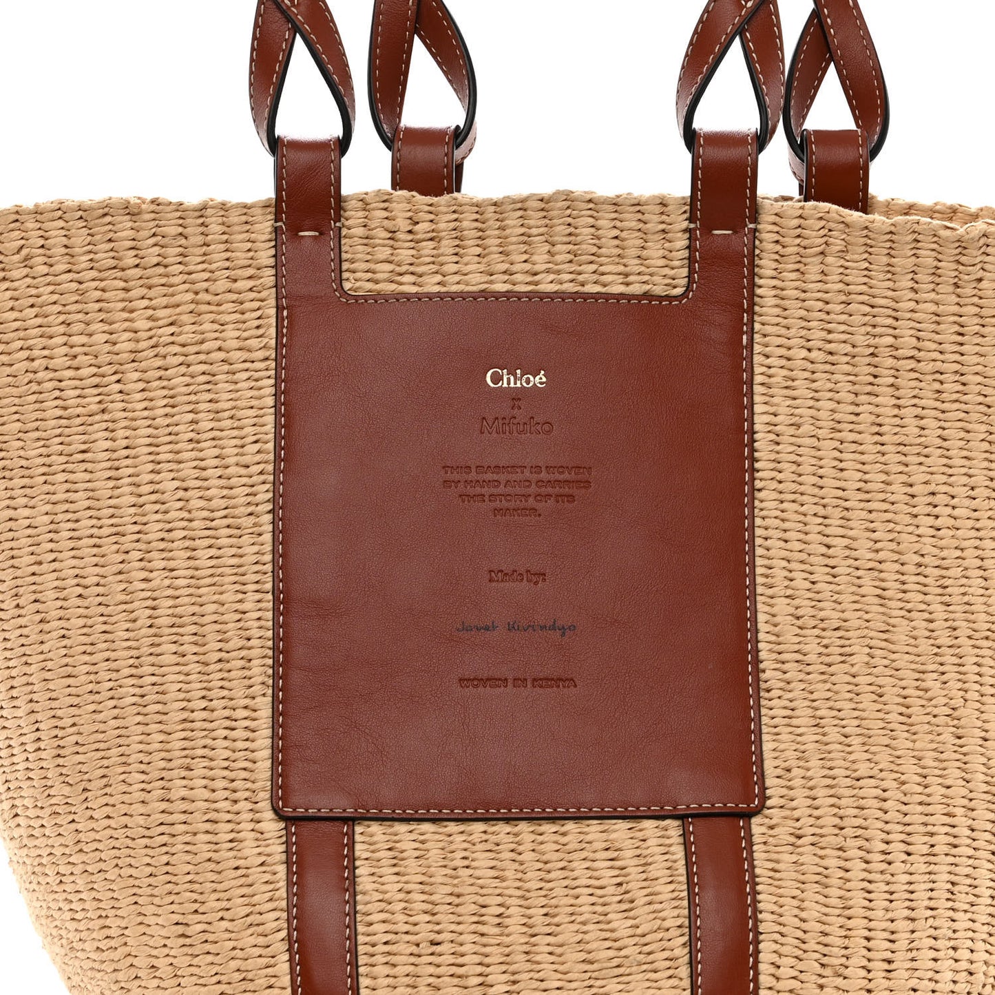 Raffia Calfskin Large Basket Tote Tan