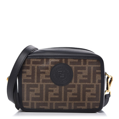 Fendi Glazed Fabric Vitello Century FF 1974 Stamp Patch Mini Camera Case Mogano Panna Black 1 of 11