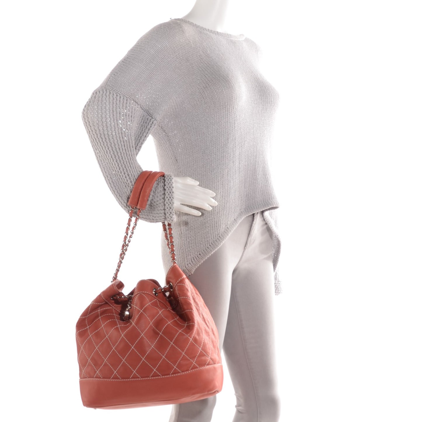 Lambskin Contrast Stitch Large Drawstring Tote Coral