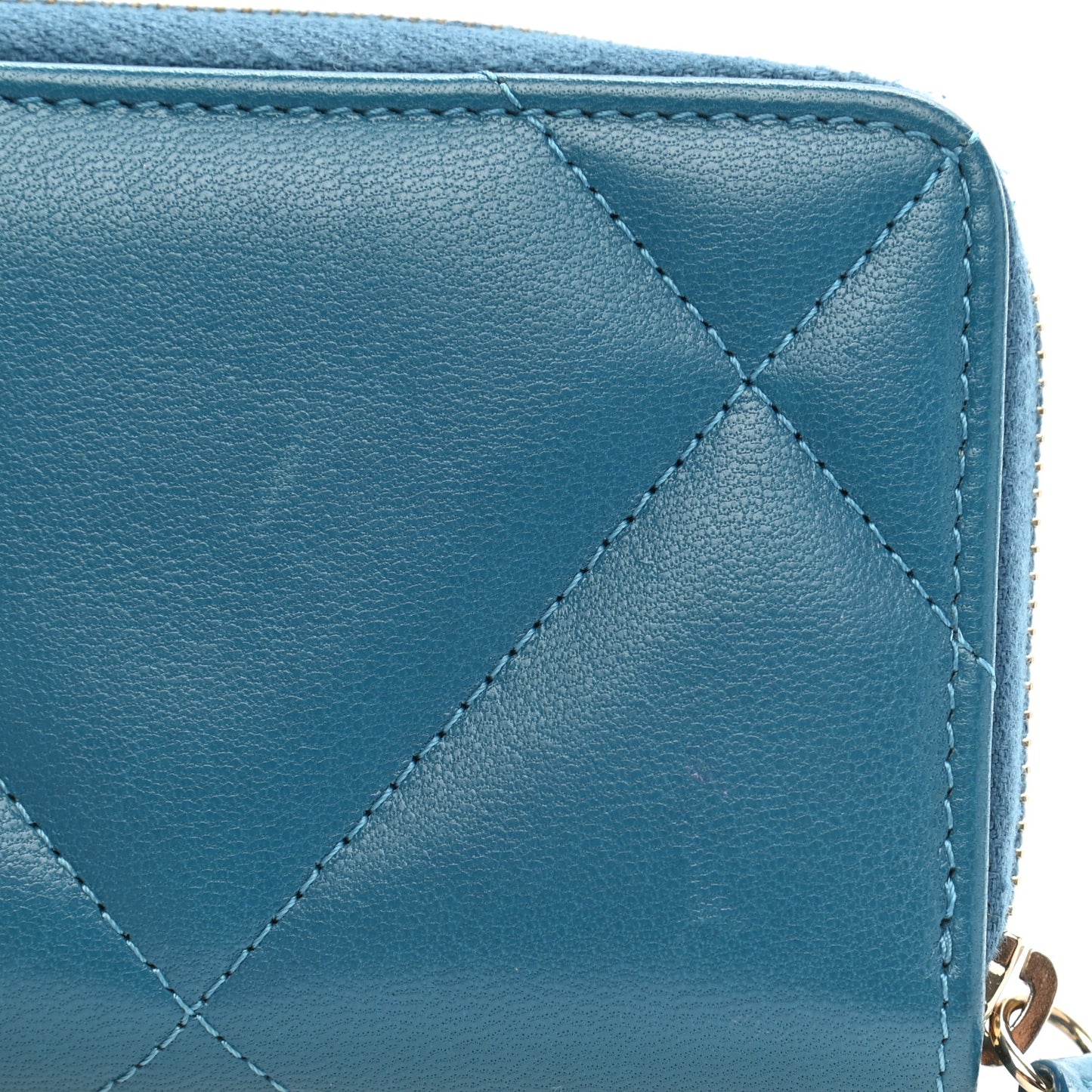 Goatskin Quilted Chanel 19 Zip Around Coin Purse Wallet Turquoise