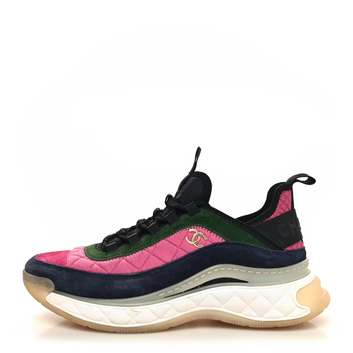 Velvet Calfskin Mixed Fibers CC Sneakers 39 Dark Pink Green