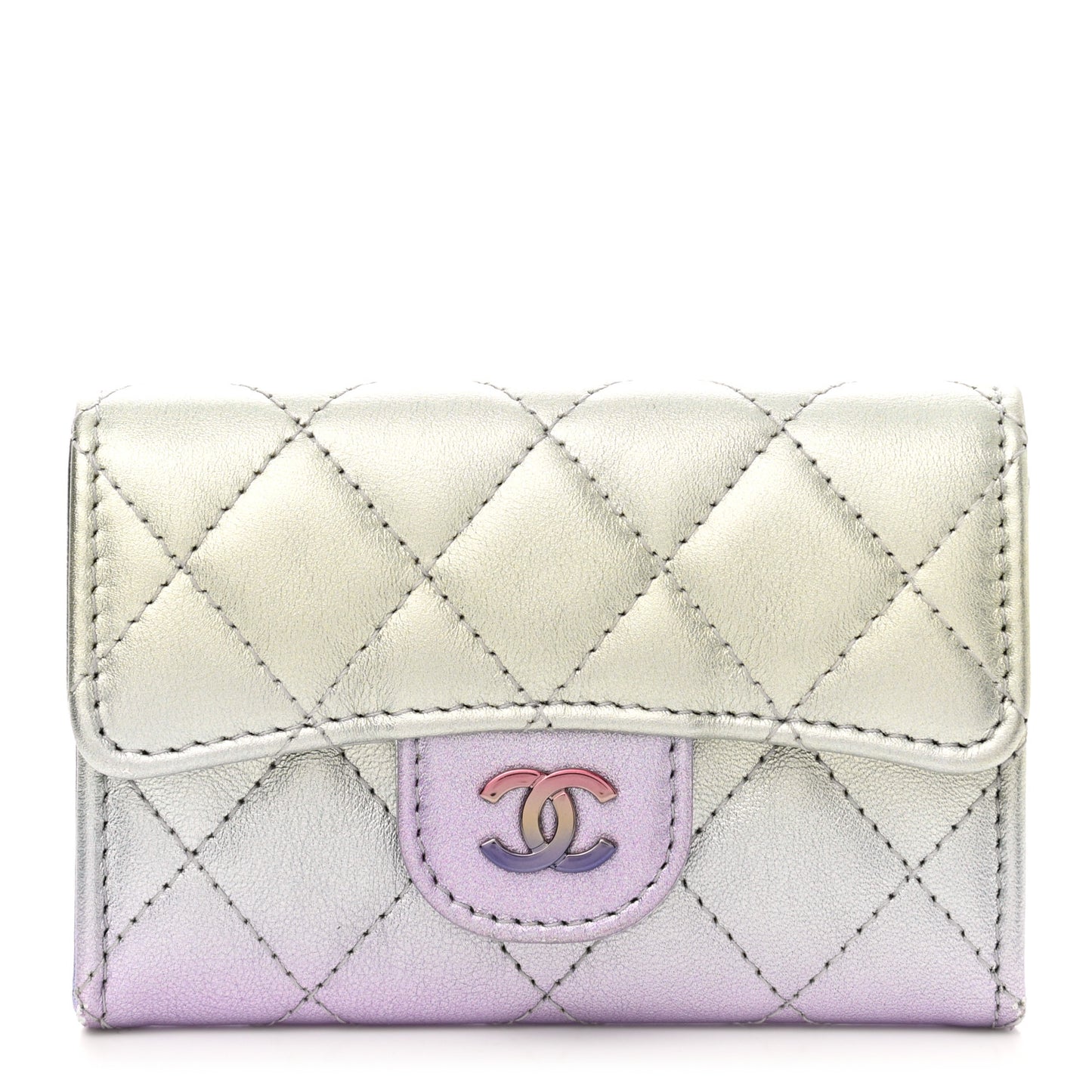 Gradient Metallic Calfskin Quilted Flap Card Holder Wallet Silver Blue Yellow Purple
