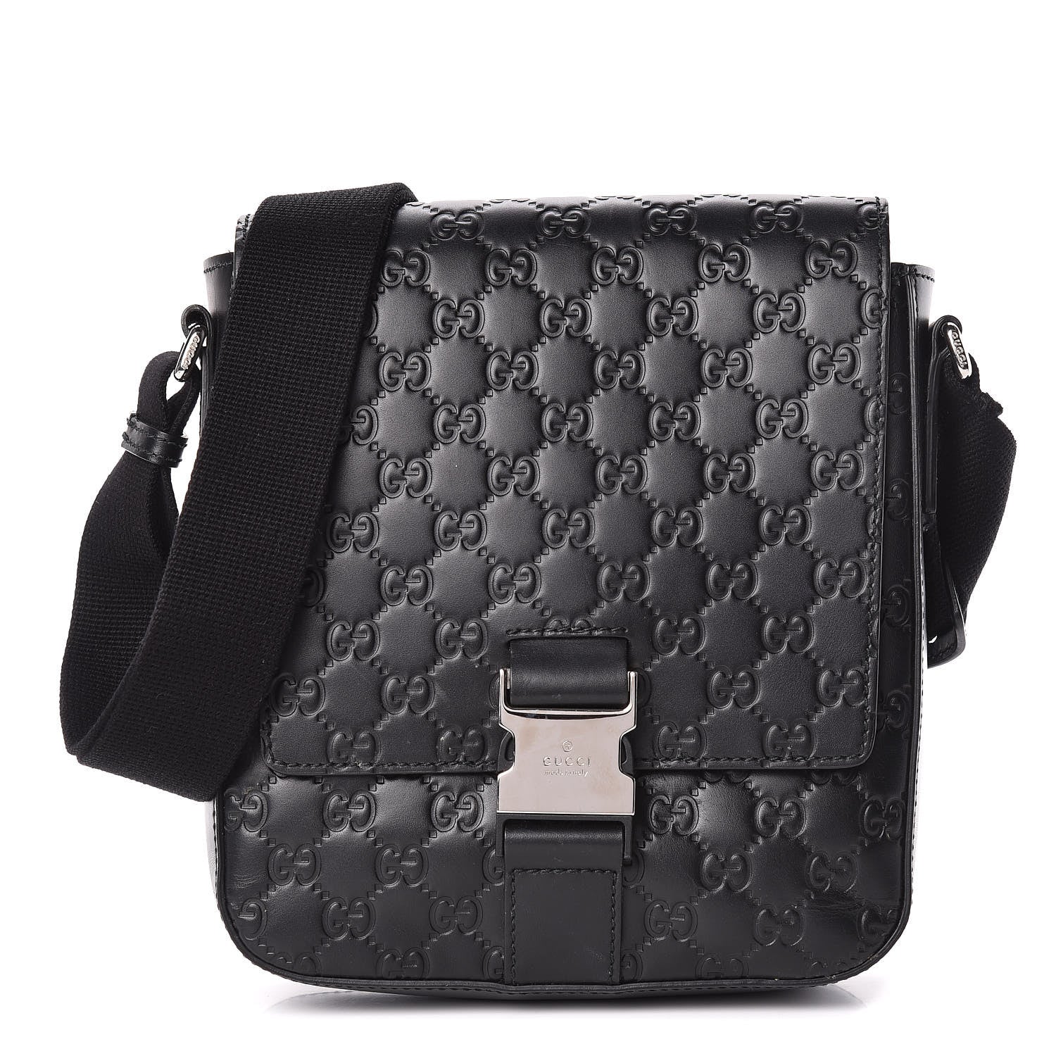 Gucci Guccissima Signature Single Buckle Flap Messenger Bag Black 1 of 14