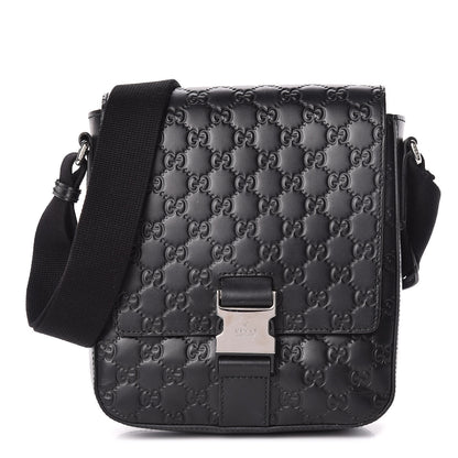 Gucci Guccissima Signature Single Buckle Flap Messenger Bag Black 1 of 14