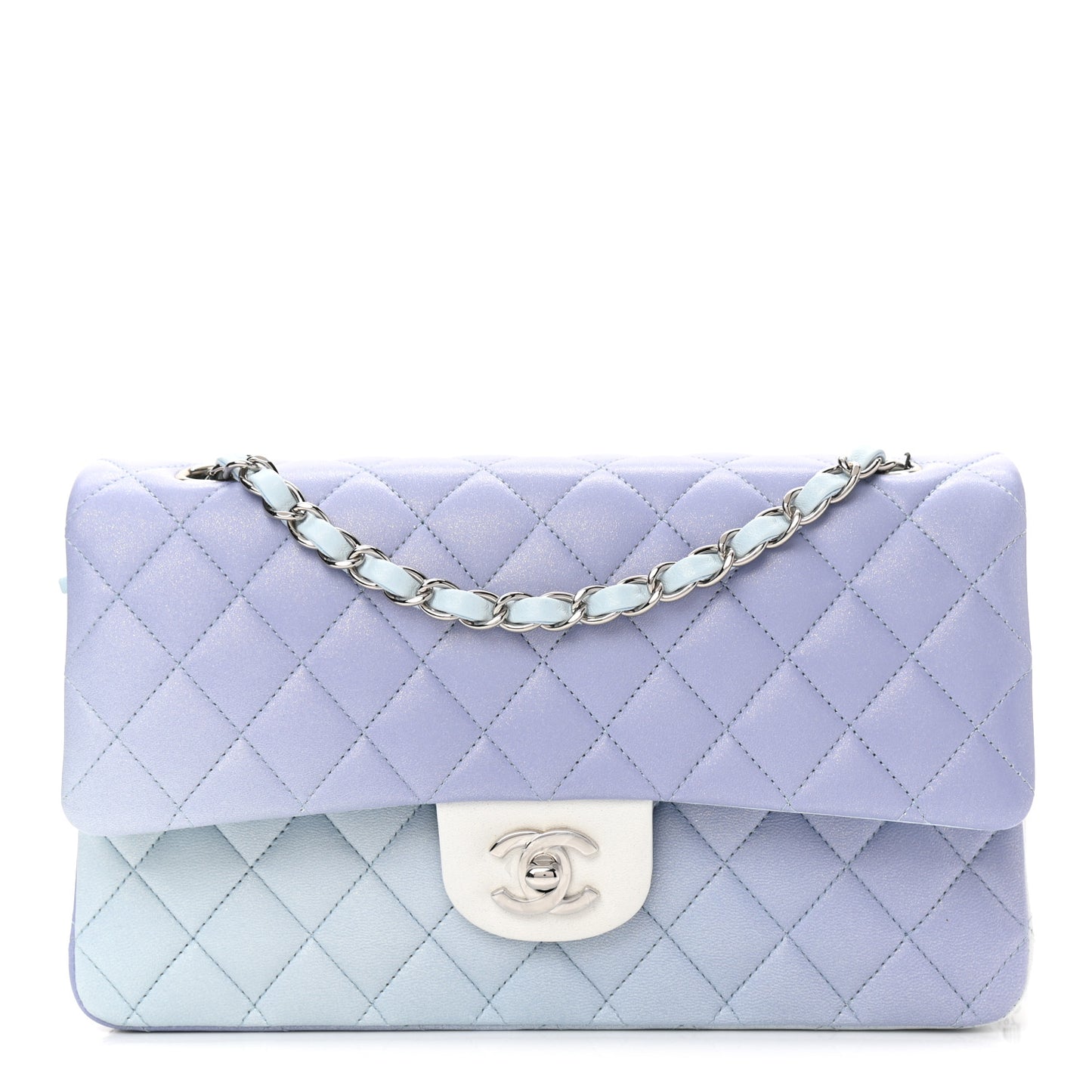 Perforated Lambskin Quilted Medium Double Flap Light Blue Light Purple White