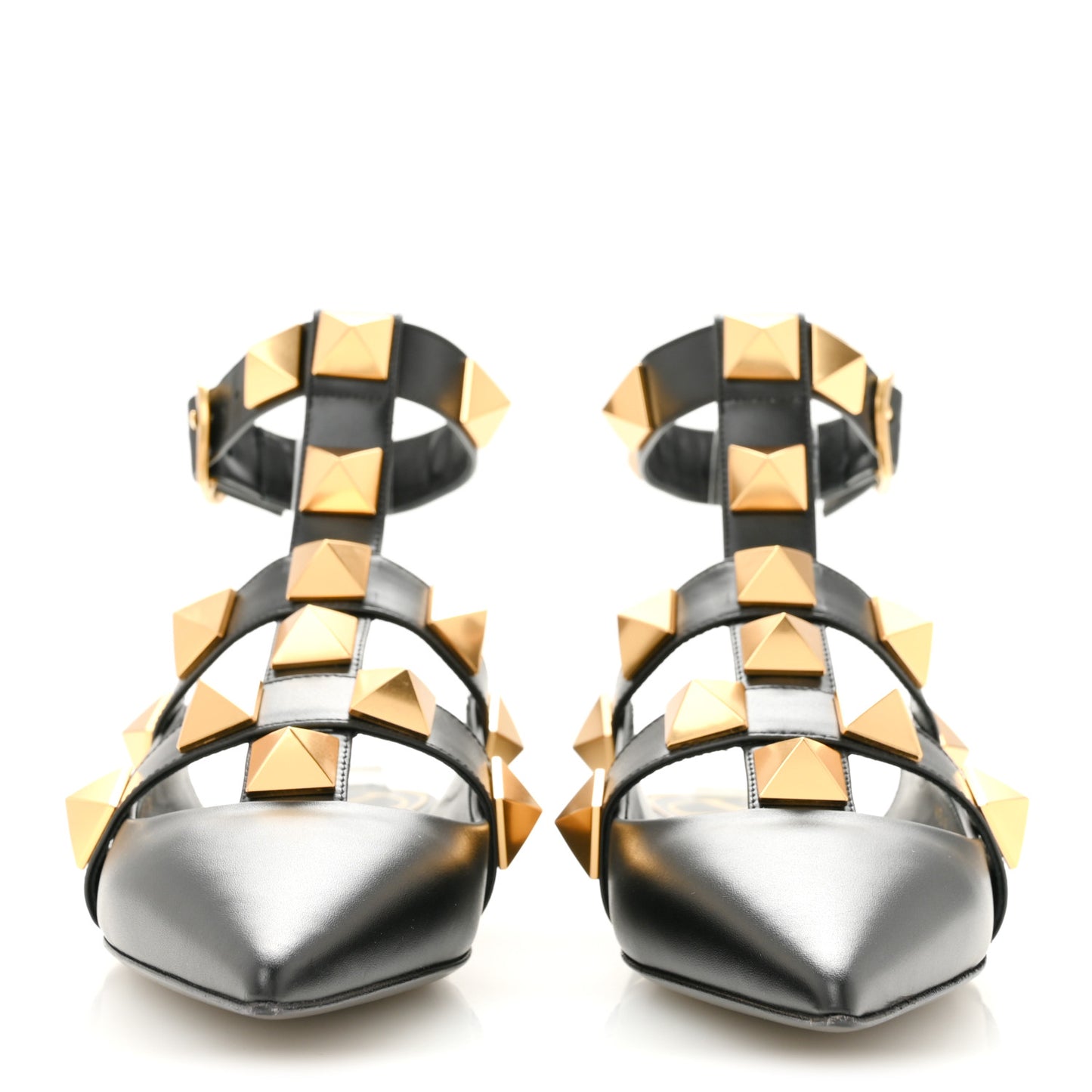 Calfskin Roman Stud Ankle Strap Flat Mules 37.5 Black