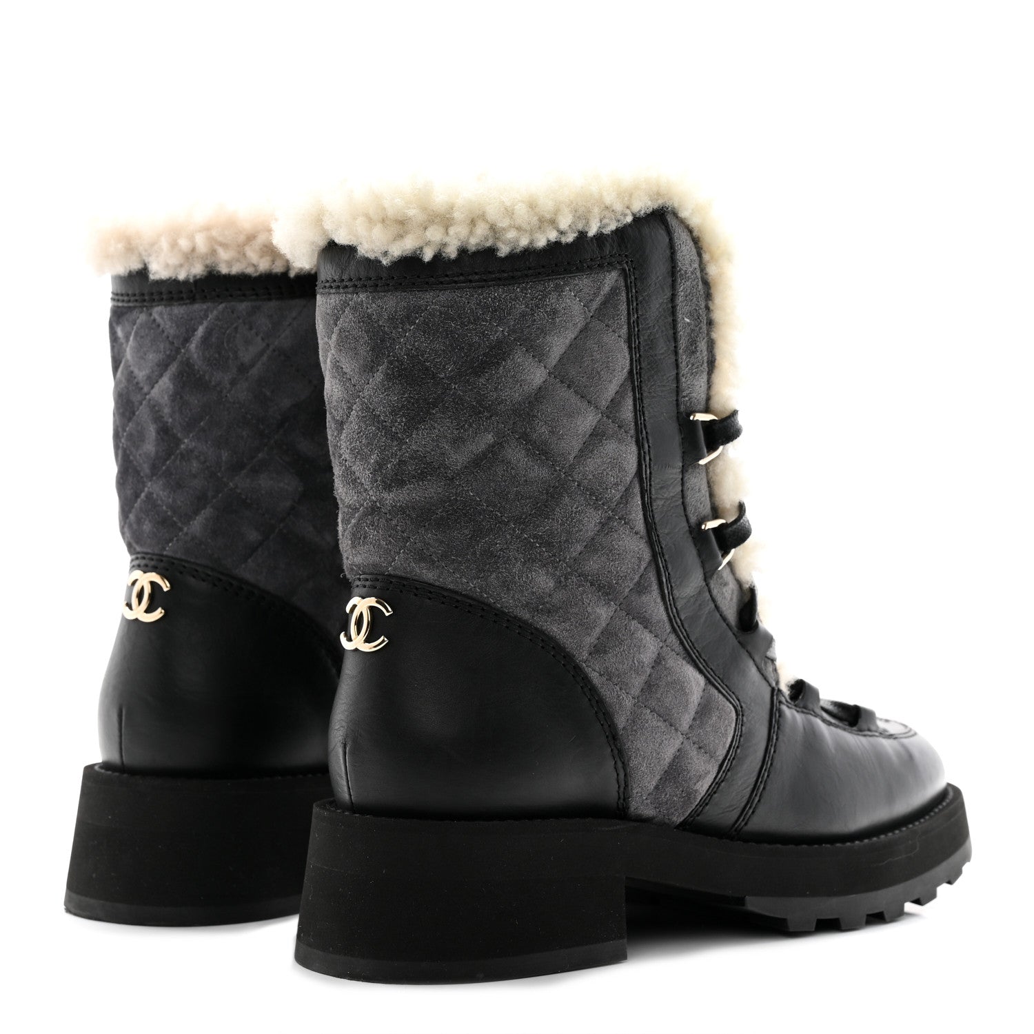 Chanel Calfskin Suede Shearling Lace Up Boots 35.5 Black Grey 4 of 9
