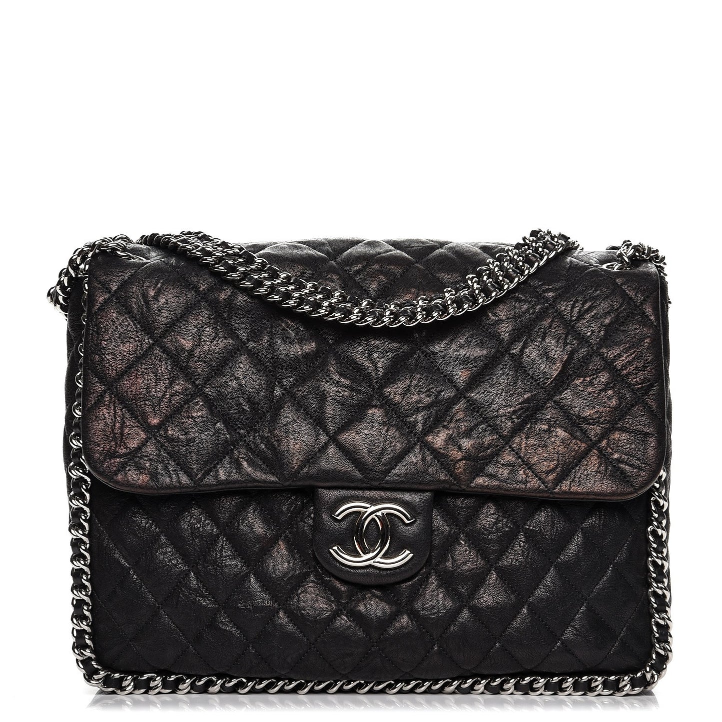 Washed Lambskin Quilted Maxi Chain Around Flap Black