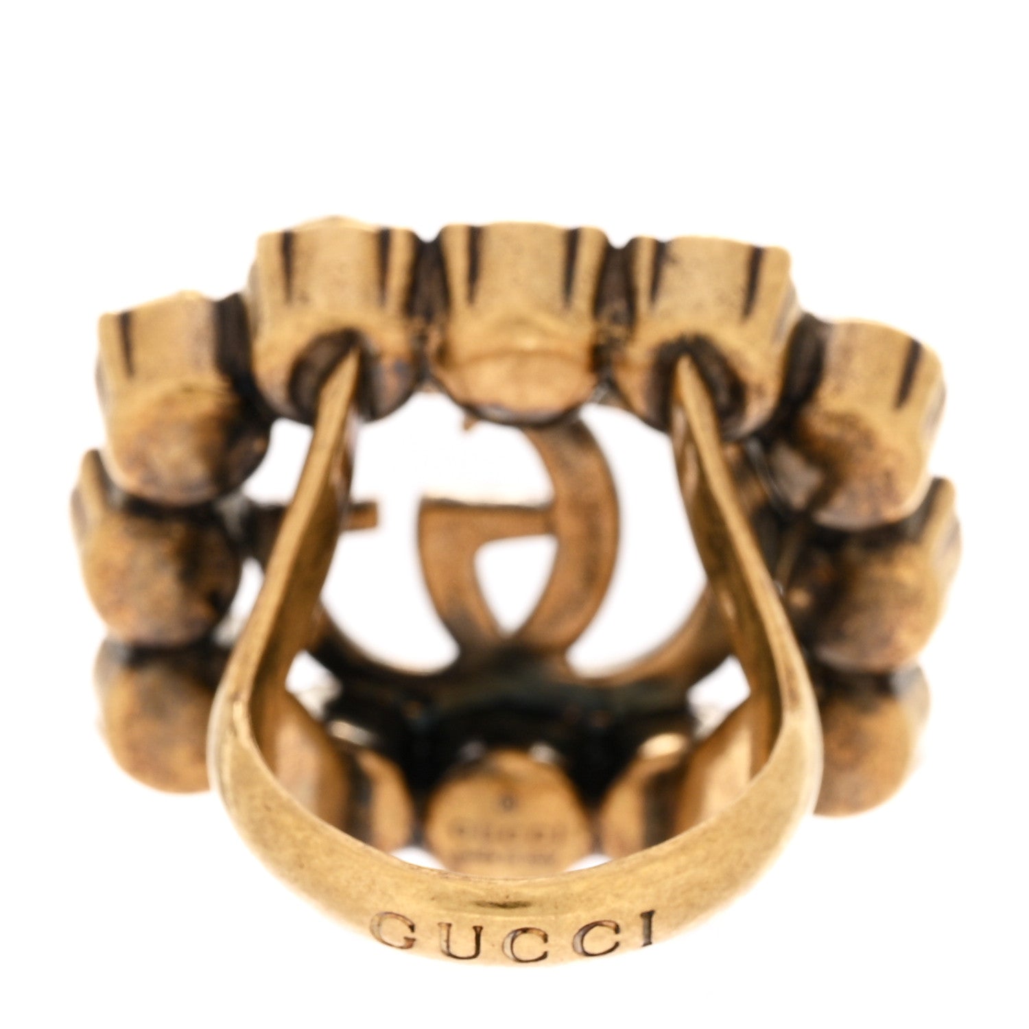Gucci Metal Crystal Double G Ring 58 8.25 Aged Gold 3 of 5