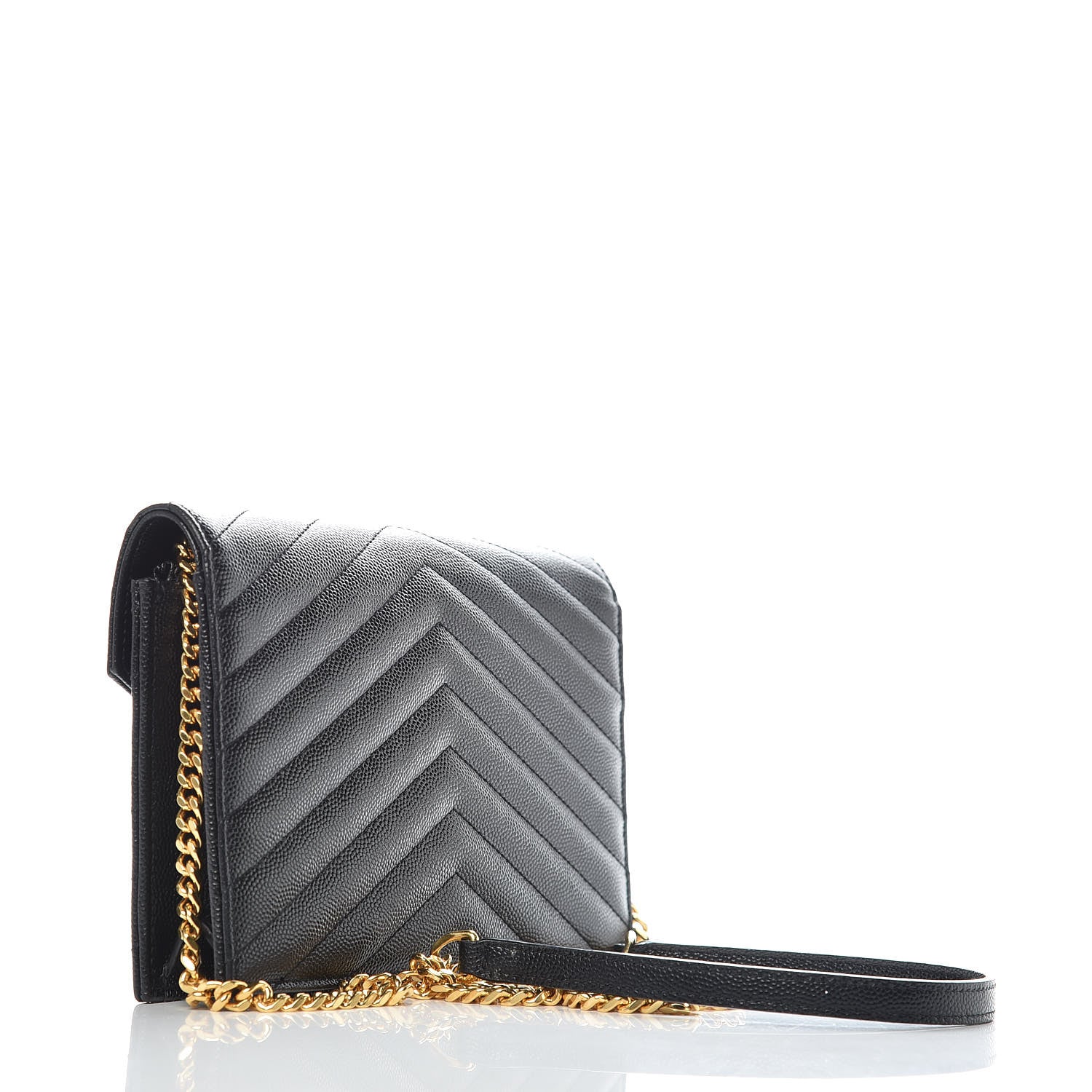 Saint Laurent Grain De Poudre Matelasse Chevron Monogram Envelope Chain Wallet Black 3 of 10