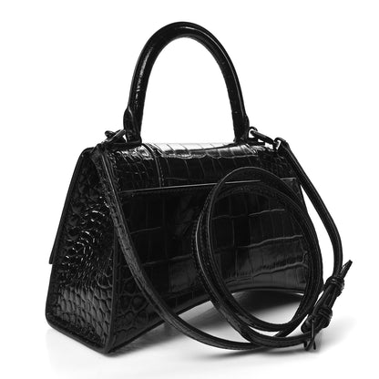 Balenciaga Shiny Calfskin Monochrome Crocodile Embossed Small Hourglass Top Handle Bag Black 3 of 10