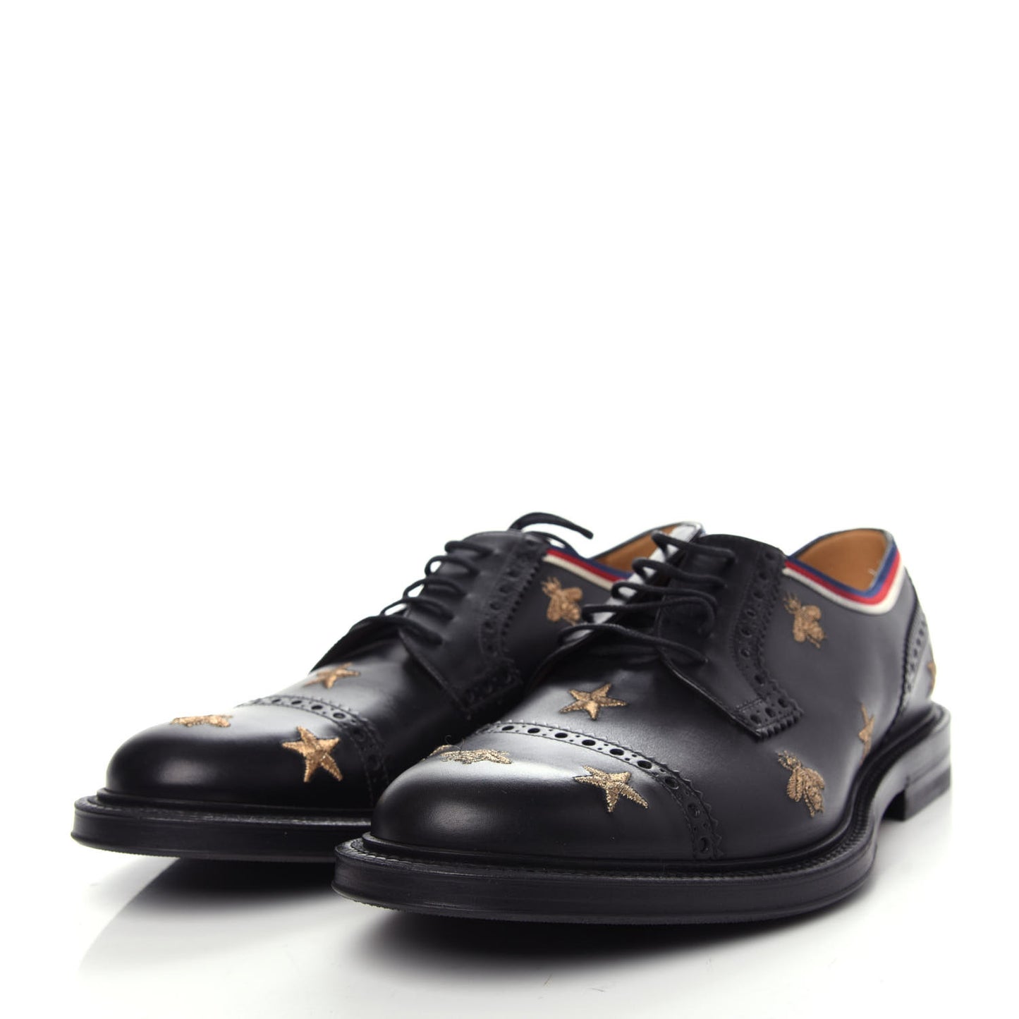 Calfskin Sylvie Web Bee Star Embroidered Mens Captoe Derby Loafers 9 Black