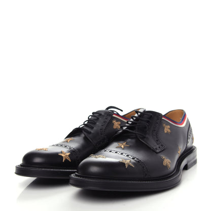 Gucci Calfskin Sylvie Web Bee Star Embroidered Mens Captoe Derby Loafers 9 Black 3 of 11