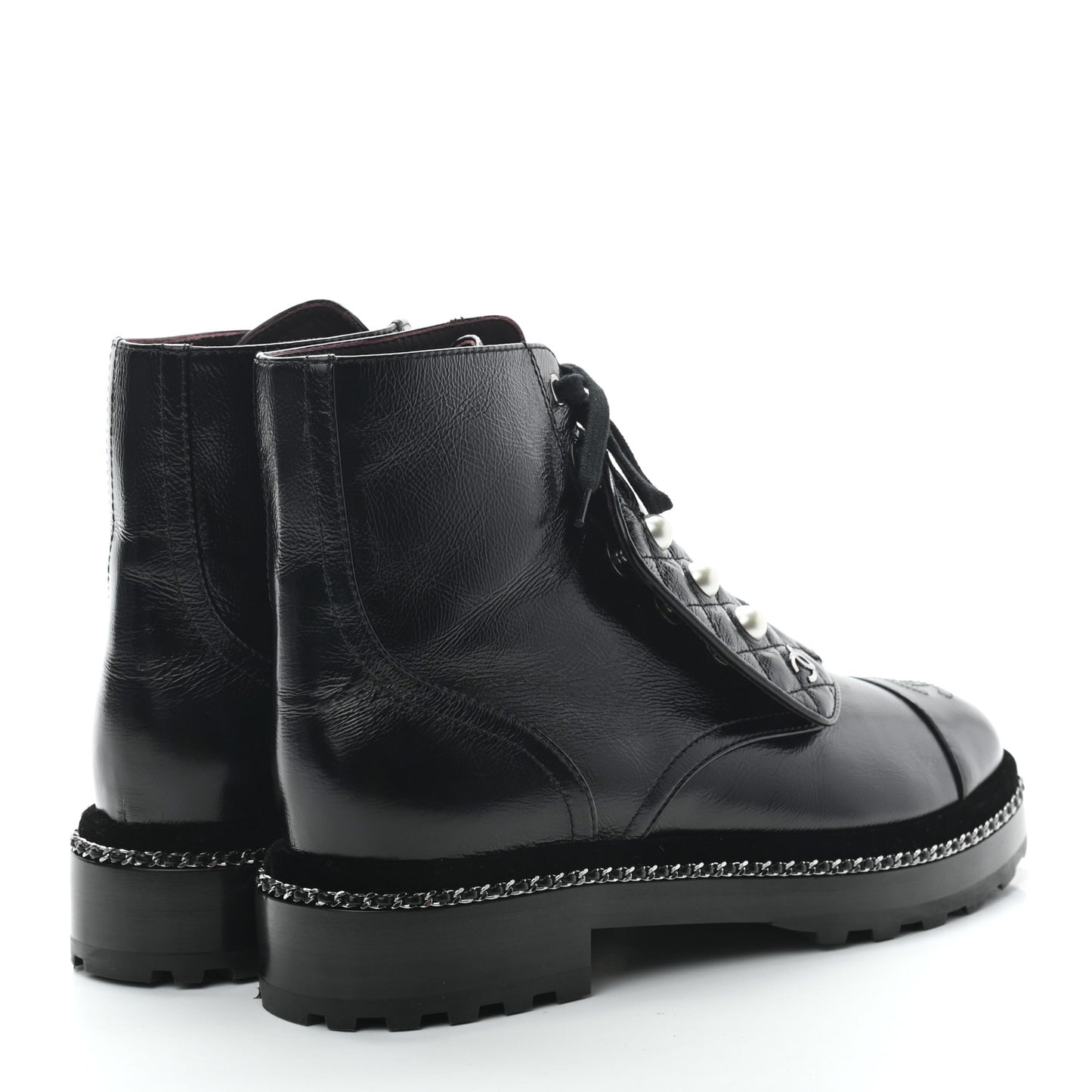 Crackled Calfskin Velvet Pearl Combat Short Boots 39.5 Black