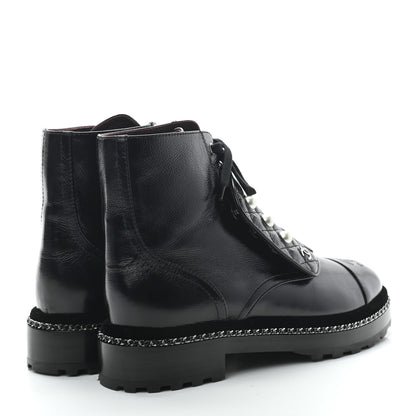 Chanel Crackled Calfskin Velvet Pearl Combat Short Boots 39.5 Black 4 of 8