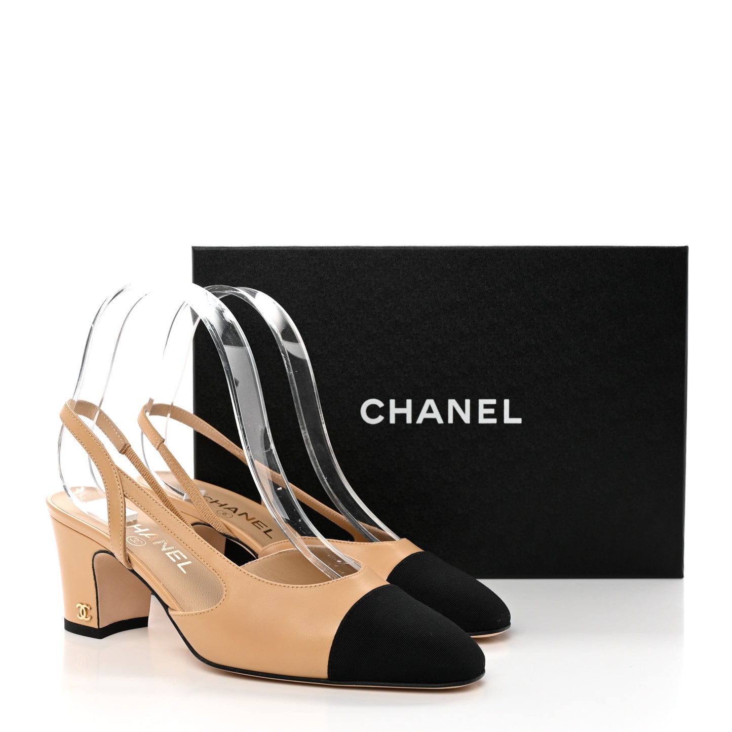 Goatskin Grosgrain Cap Toe CC Slingback Pumps 37 Beige Black