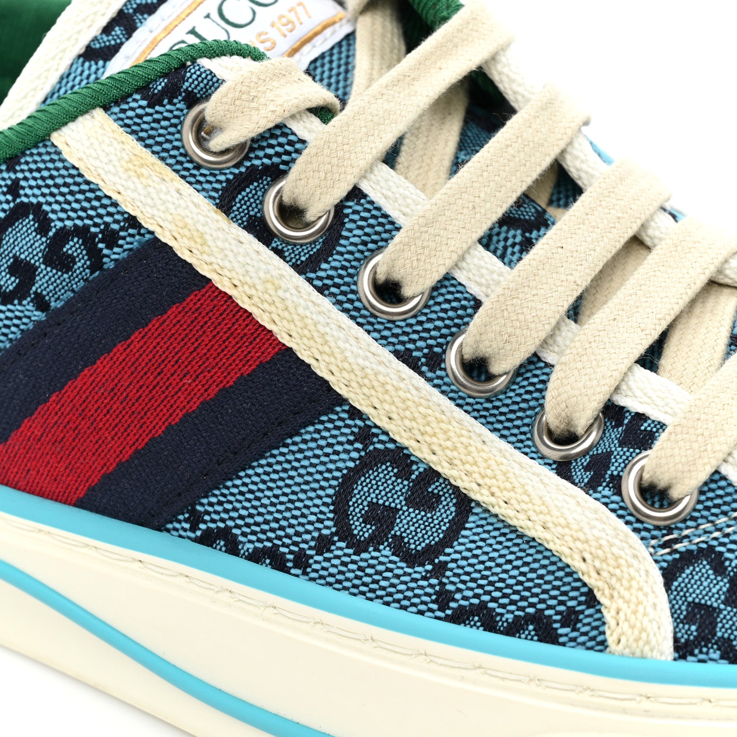 Gucci GG Monogram Multicolor Web Womens 1977 Tennis Sneakers 35 Light Blue Mystic White 12 of 13