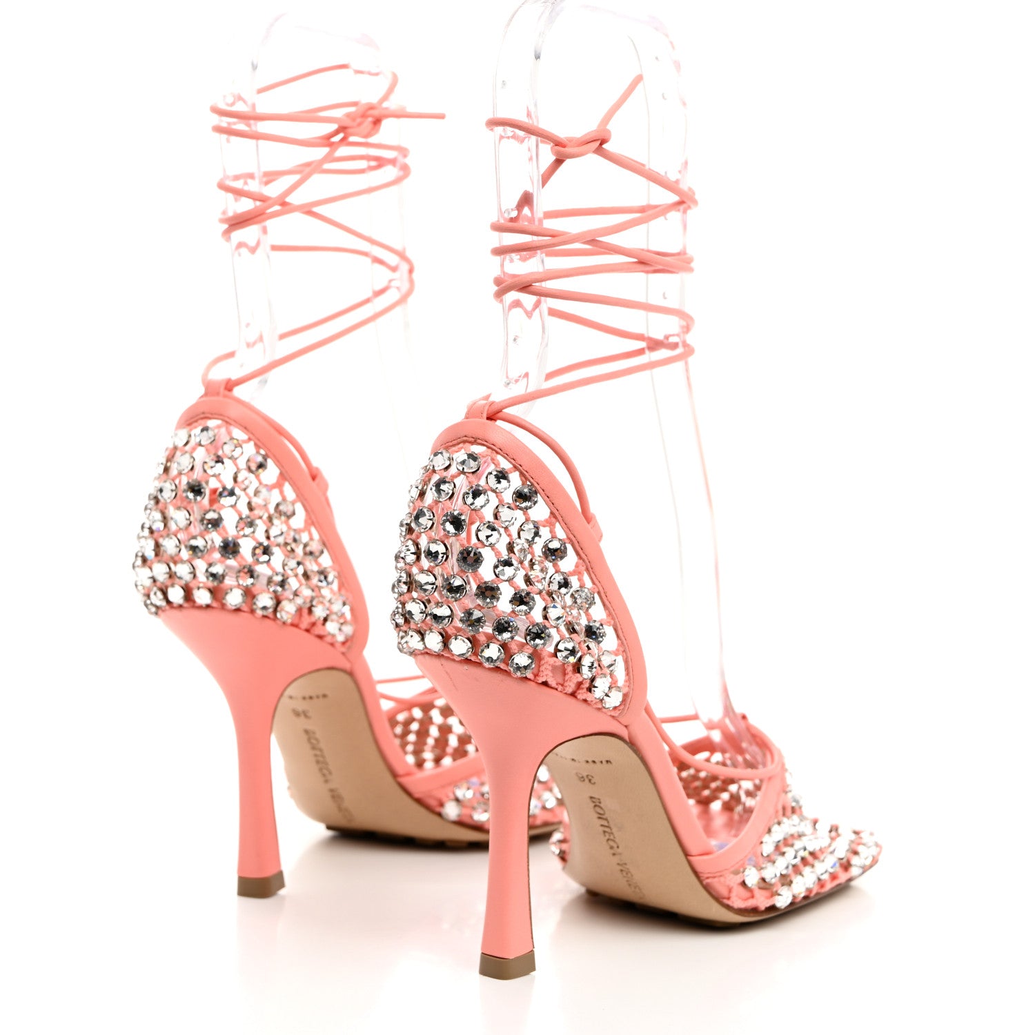 Bottega Veneta Mesh Nappa Crystal Embellished Sparkle Stretch Ankle Tie 90mm Sandals 36 Salmon Pink 4 of 7