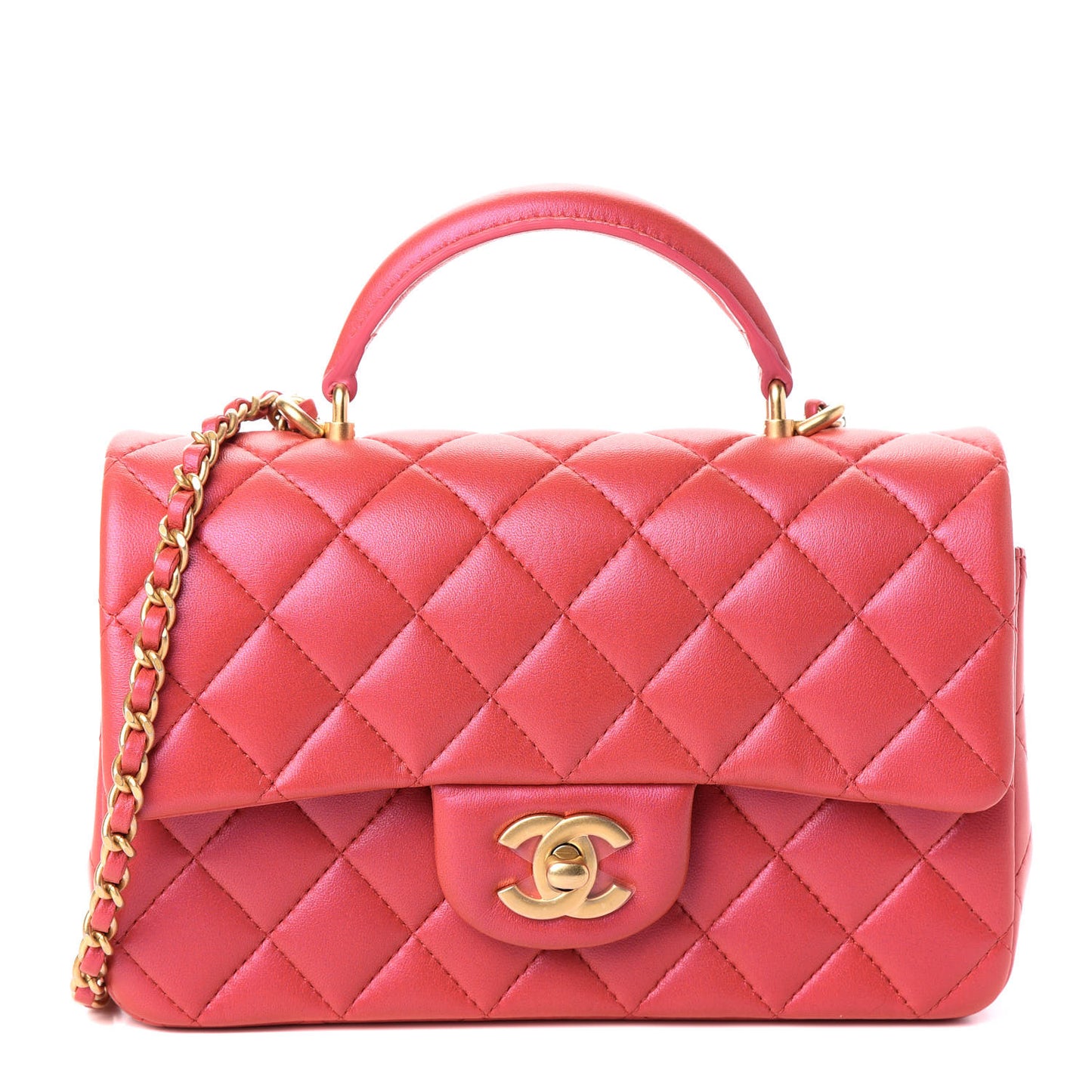 Iridescent Lambskin Quilted Mini Top Handle Rectangular Flap Red
