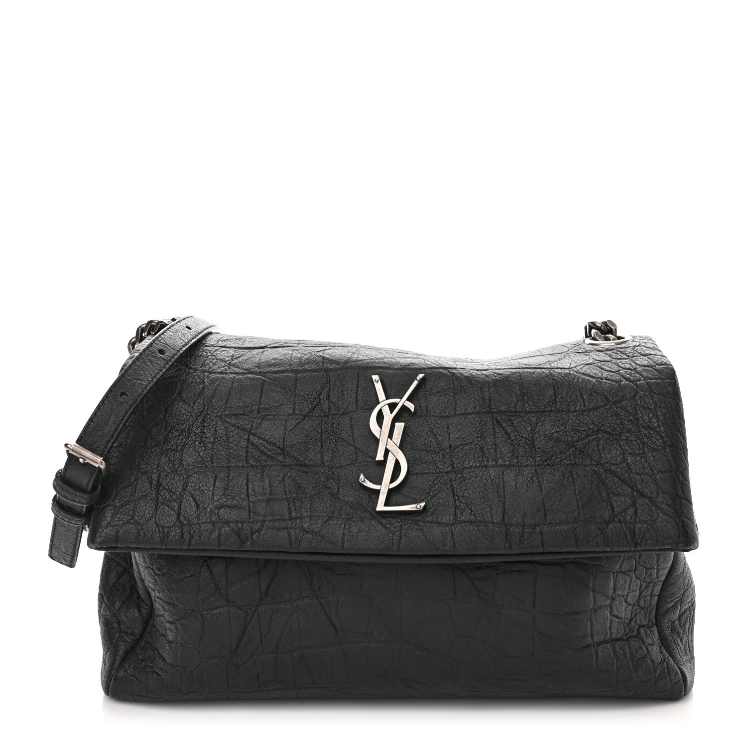 Saint Laurent Calfskin Crocodile Embossed Medium West Hollywood Monogram Fold-Over Black 1 of 11