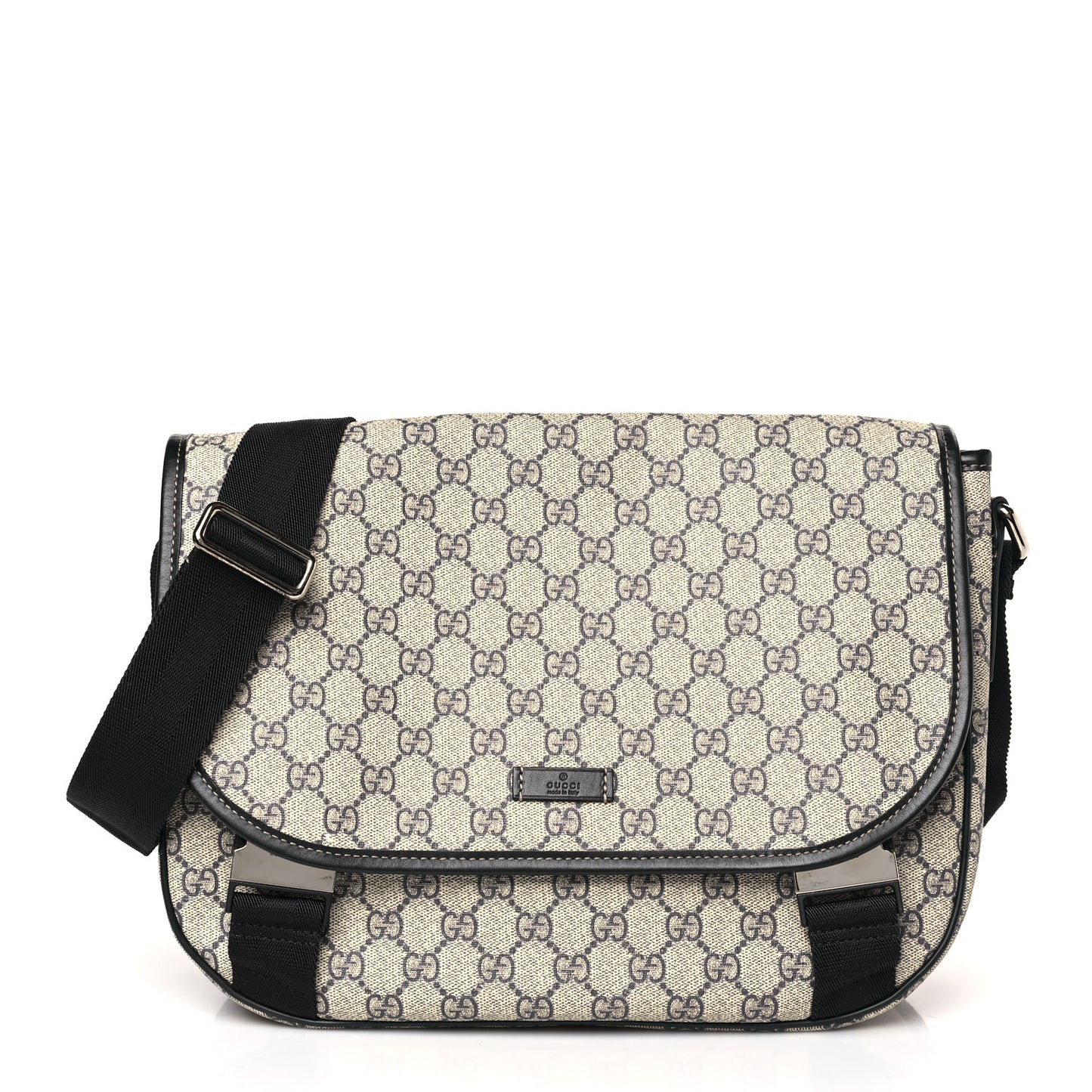 GG Plus Monogram Medium Double Buckle Flap Messenger Bag Beige Navy