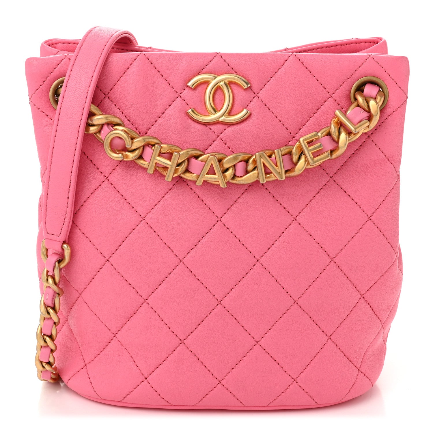 Chanel Lambskin Quilted Chaine Lettre Small Bucket Bag Pink 1 of 10