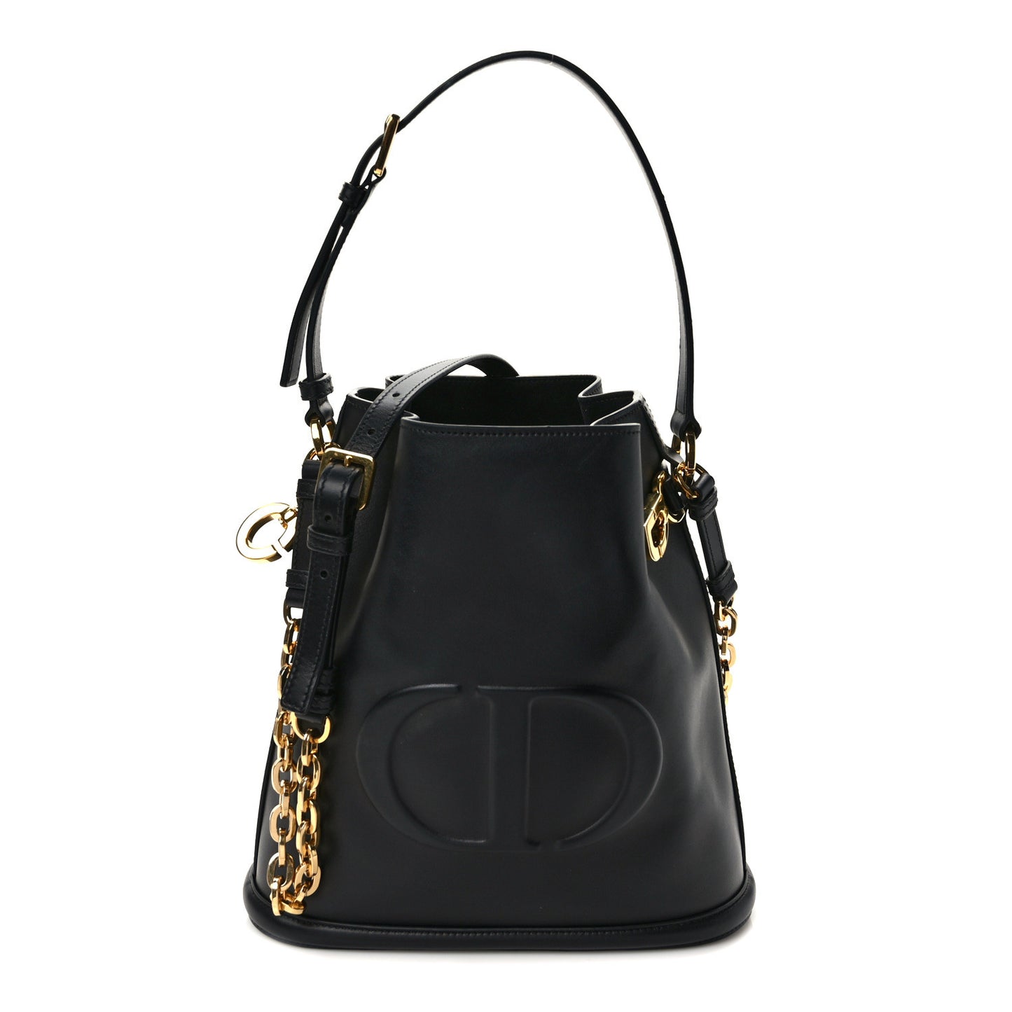 Calfskin CD Embossed Medium C'est Chain Bucket Bag Black