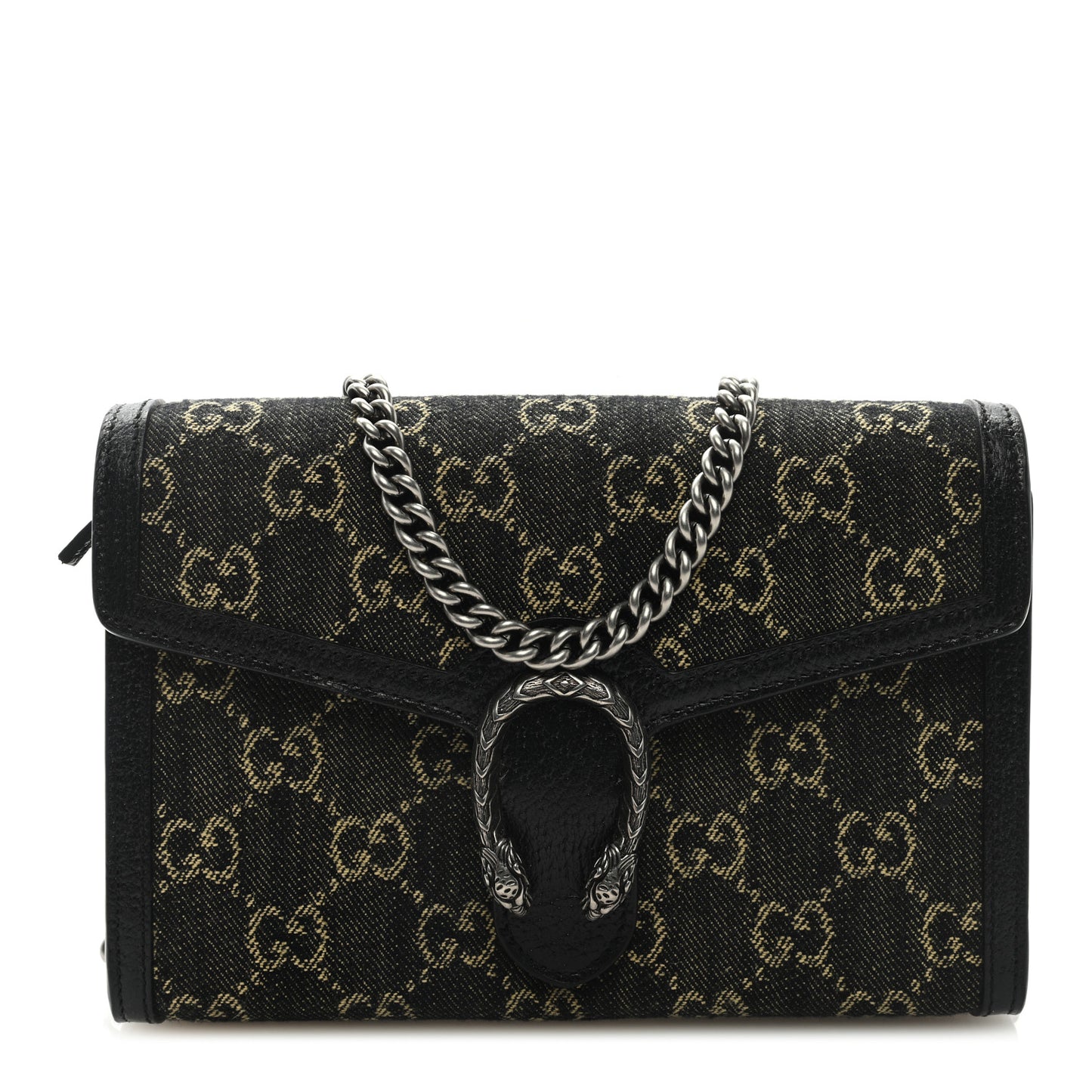 Jacquard Black Denim GG Monogram Mini Dionysus Chain Wallet Black Ivory