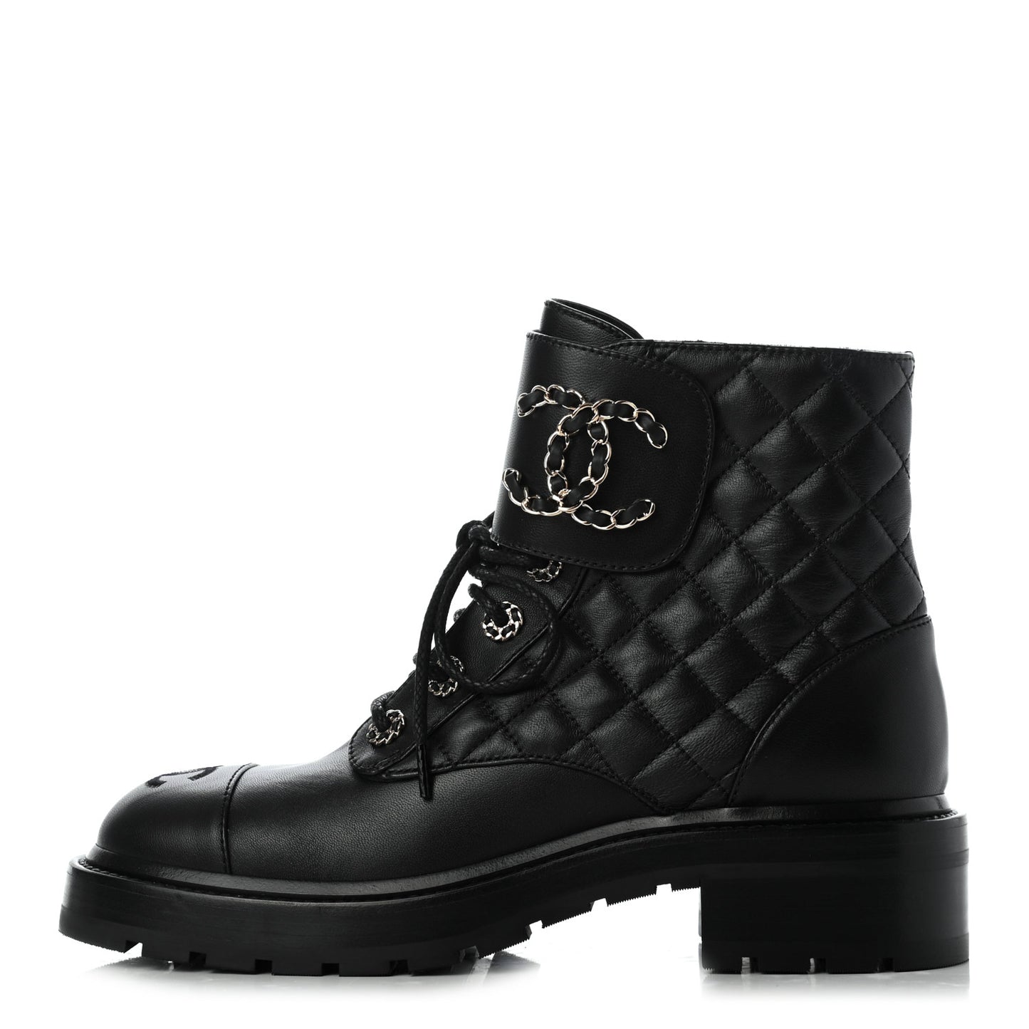 Shiny Lambskin Quilted Lace Up Combat Boots 38 Black