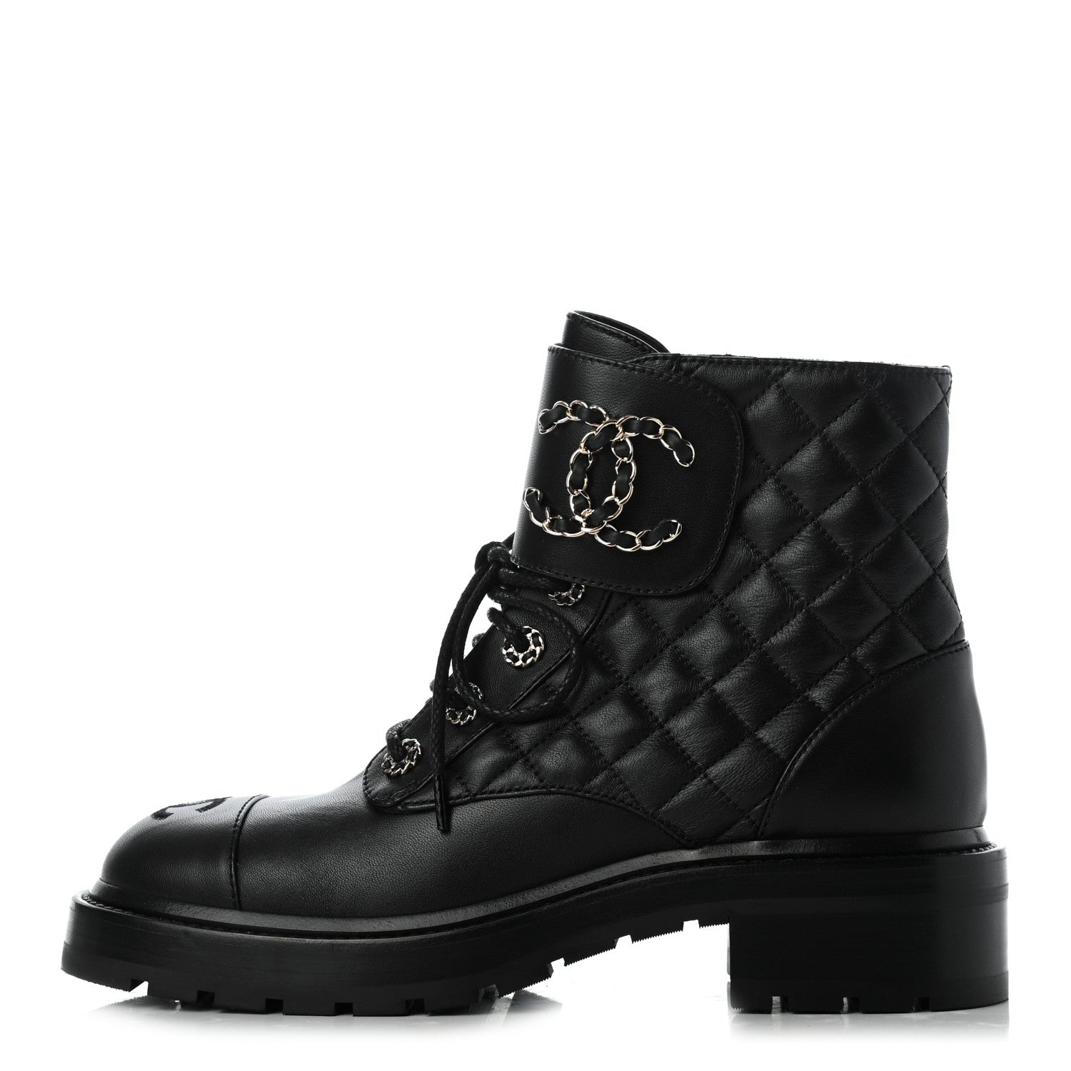 Chanel Shiny Lambskin Quilted Lace Up Combat Boots 38 Black 1 of 9