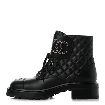 Chanel Shiny Lambskin Quilted Lace Up Combat Boots 38 Black 1 of 9