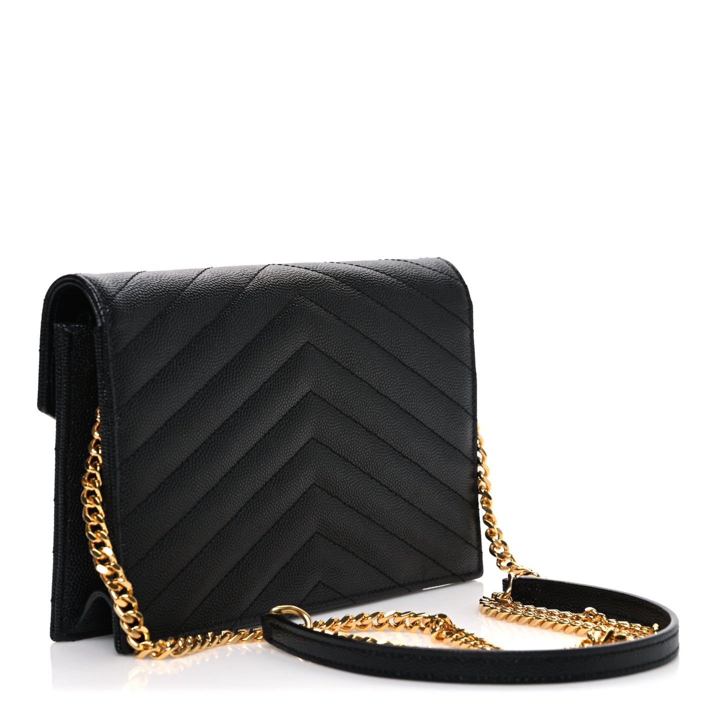 Grain De Poudre Matelasse Chevron Monogram Envelope Chain Wallet Black