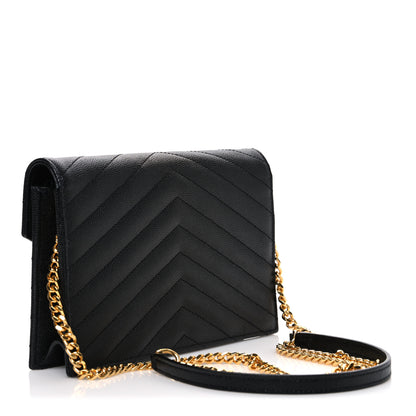 Saint Laurent Grain De Poudre Matelasse Chevron Monogram Envelope Chain Wallet Black 2 of 9