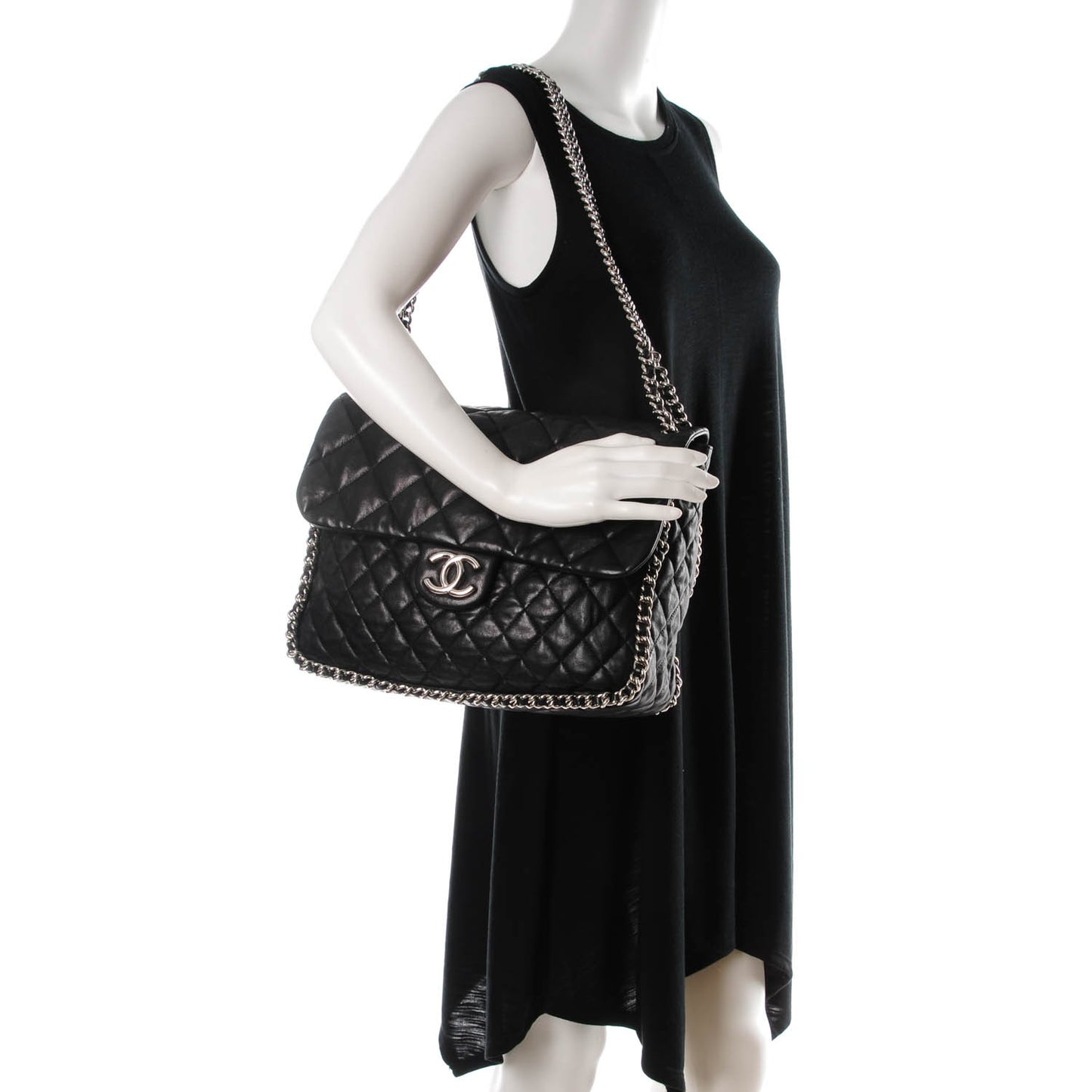 Washed Lambskin Quilted Maxi Chain Around Flap Black