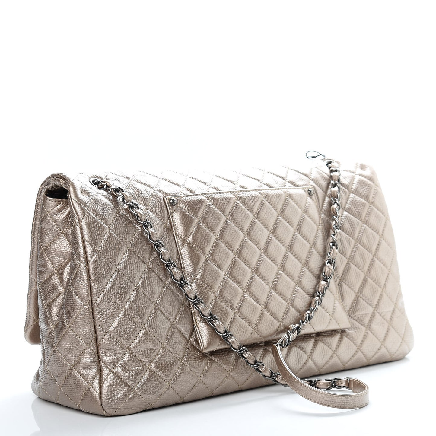 Metallic Calfskin Quilted XXL Travel Flap Bag Gold